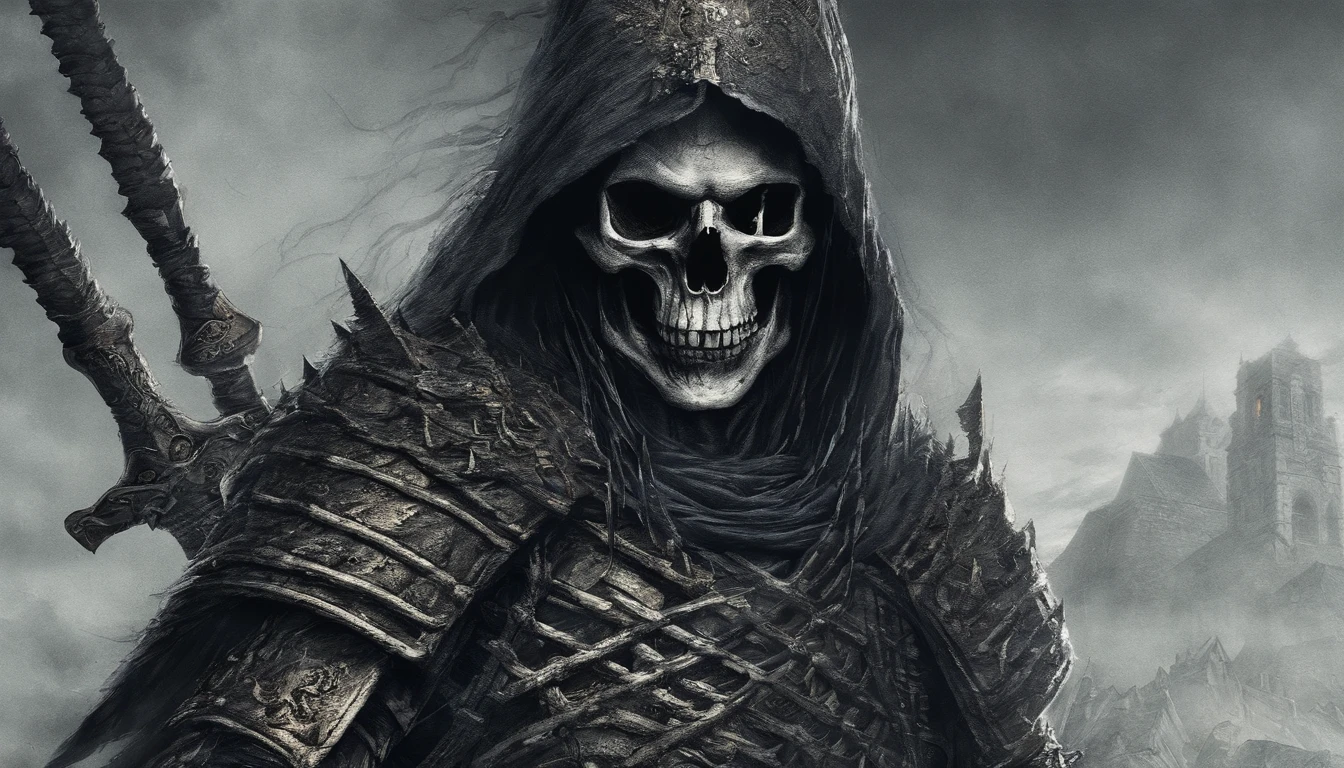 Skull warrior with flames, skeleton with armor and sword, dark, macabre, epic, horror.