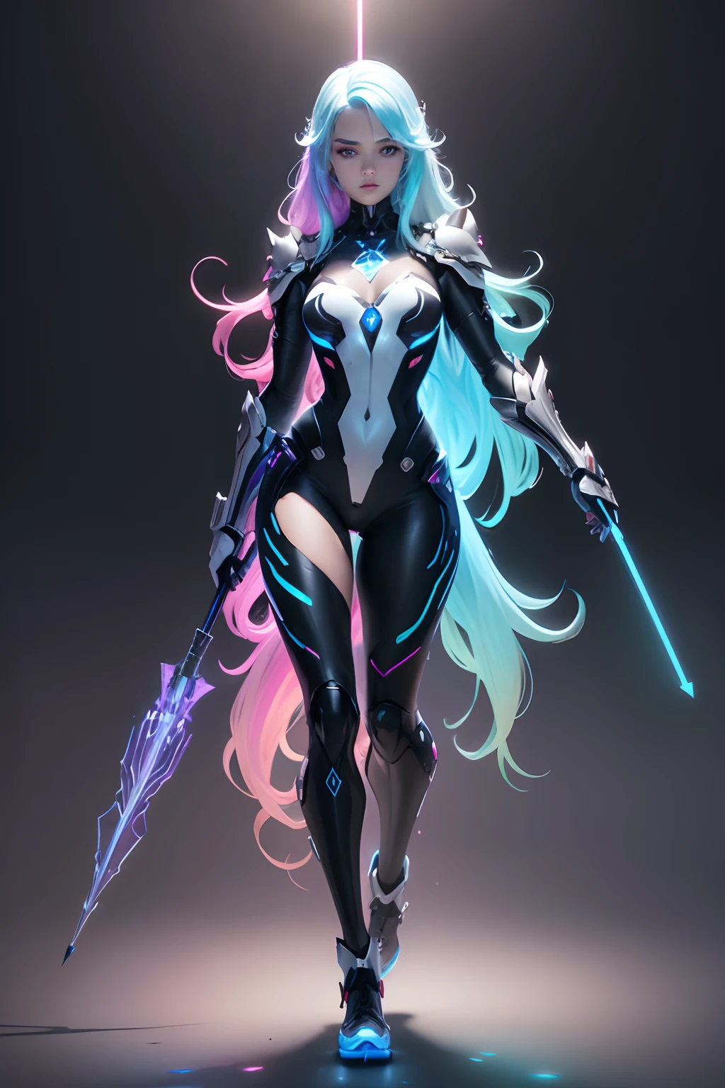 Full body character,Hand-draw style,illustration,concept art,active pose,white background,android,Full Body portrait,ARTIFICIAL EMPATHY,holding glowing rainbow staff,active cool pose,
Android-like Russian beauty face, rainbow hair is mixed with LED rainbow lights,zbrush,
rainbow glitter black opal full body sparkling armor, dramatic lighting,insanely detailed, wind-effect,smooth,8k,GoPro,masterpiece,