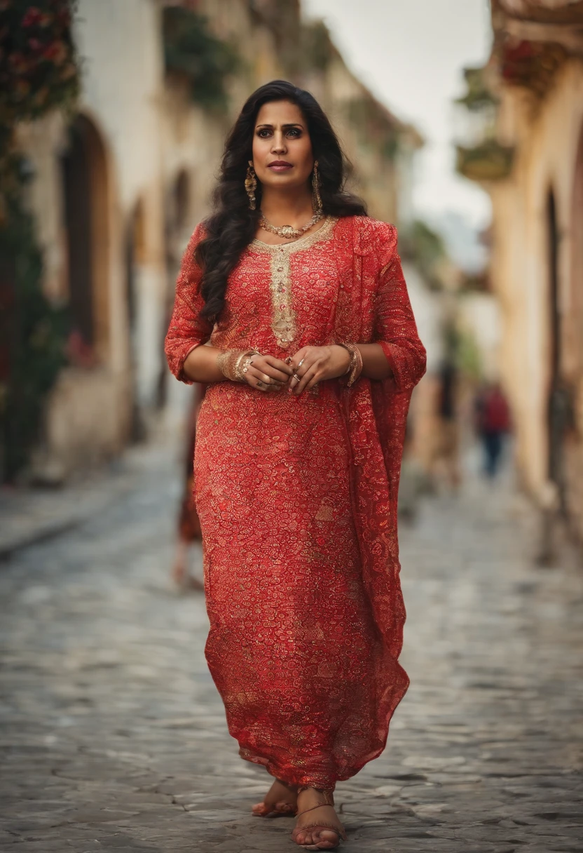 Image of Indian woman wearing gloves and boots with traditional dress