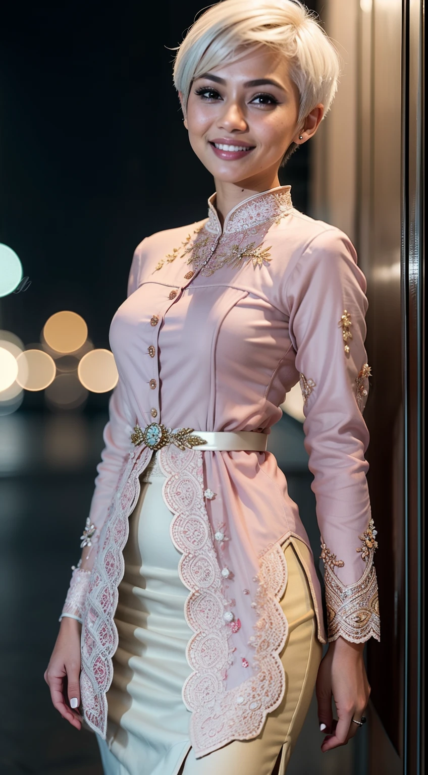 Malay girl, very short white hair, pixie cut hair, wear light plain pastel red women's long-sleeved dress opened at the front, secured with buttons, pins, or brooches, (baju kebaya:1.3) laughing and posing with hand on hip, wear handbag, from back view, windy, detail skin, age spot, detail skin texture, mole below eyes, small breast, flat chest, wide hips, small waists, thick thighs, slim abs, beautiful body, nighttime, laughing, happy, bright lighting, crowded dinner hall, blur background, bokeh,