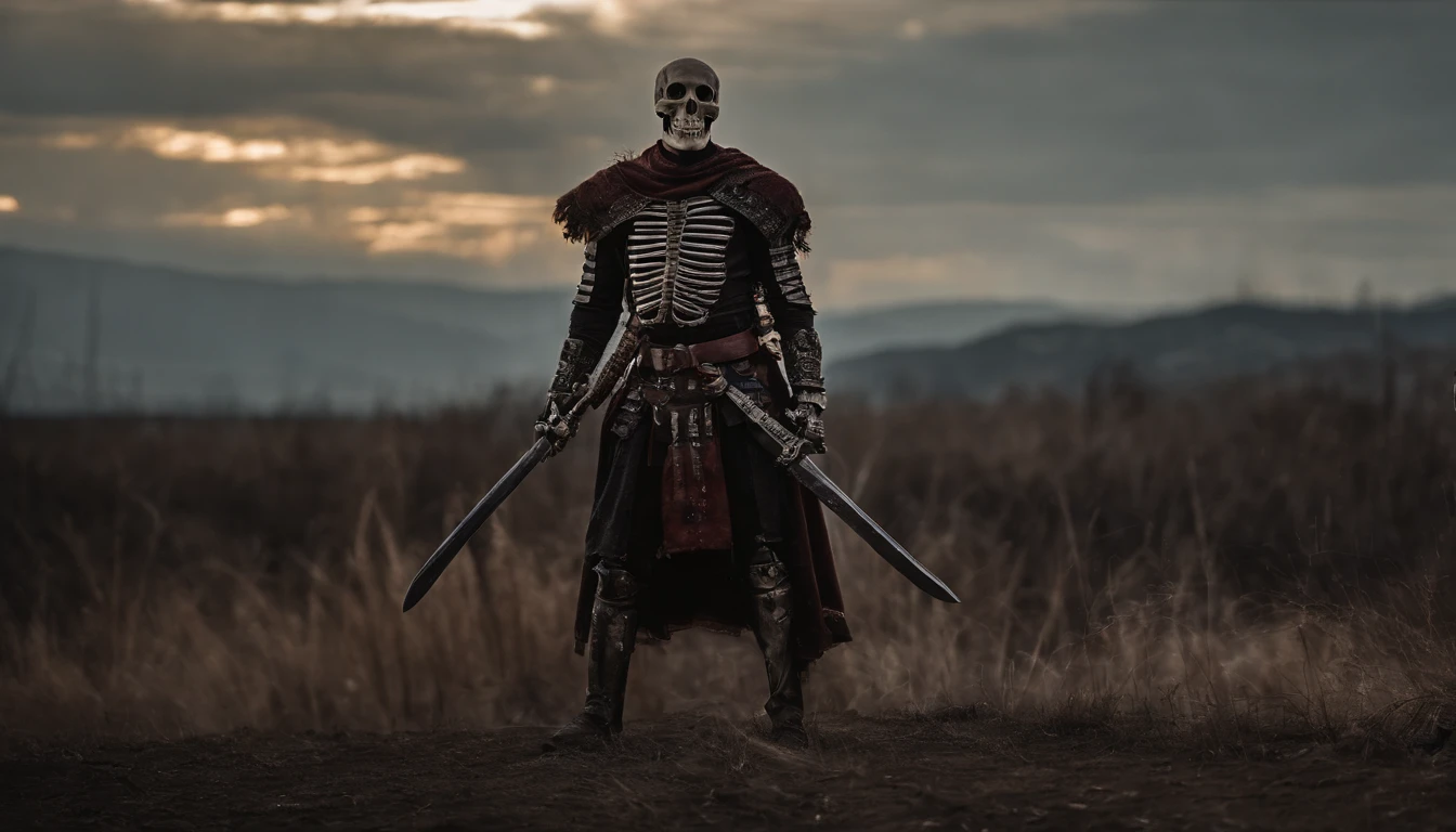 Close-up portrait of a beautiful skeleton, DJ, headphones, standing against a tree, with his back against the tree, short red hair, wearing metal armor, gauntlets, pauldrons, he is ready for a fight, powerword in hand, toned and fit, flashlight, (backlighting), realistic, masterpiece, highest quality, ((intricate armor)), fantasy forest in the background,  orcs surround her, fantasy monsters in the background, night, dark, hyper realistic --auto --s2