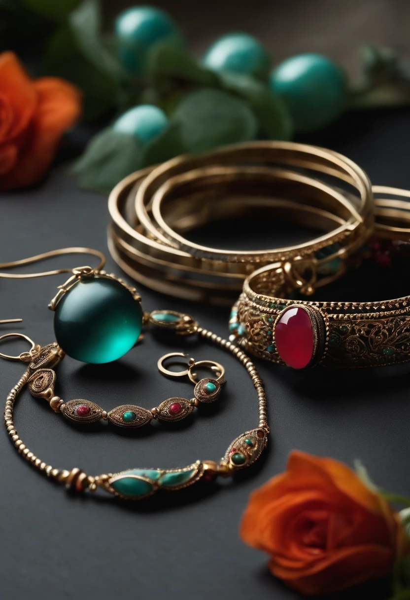 Layered necklaces, hoop earrings, simple bracelets.