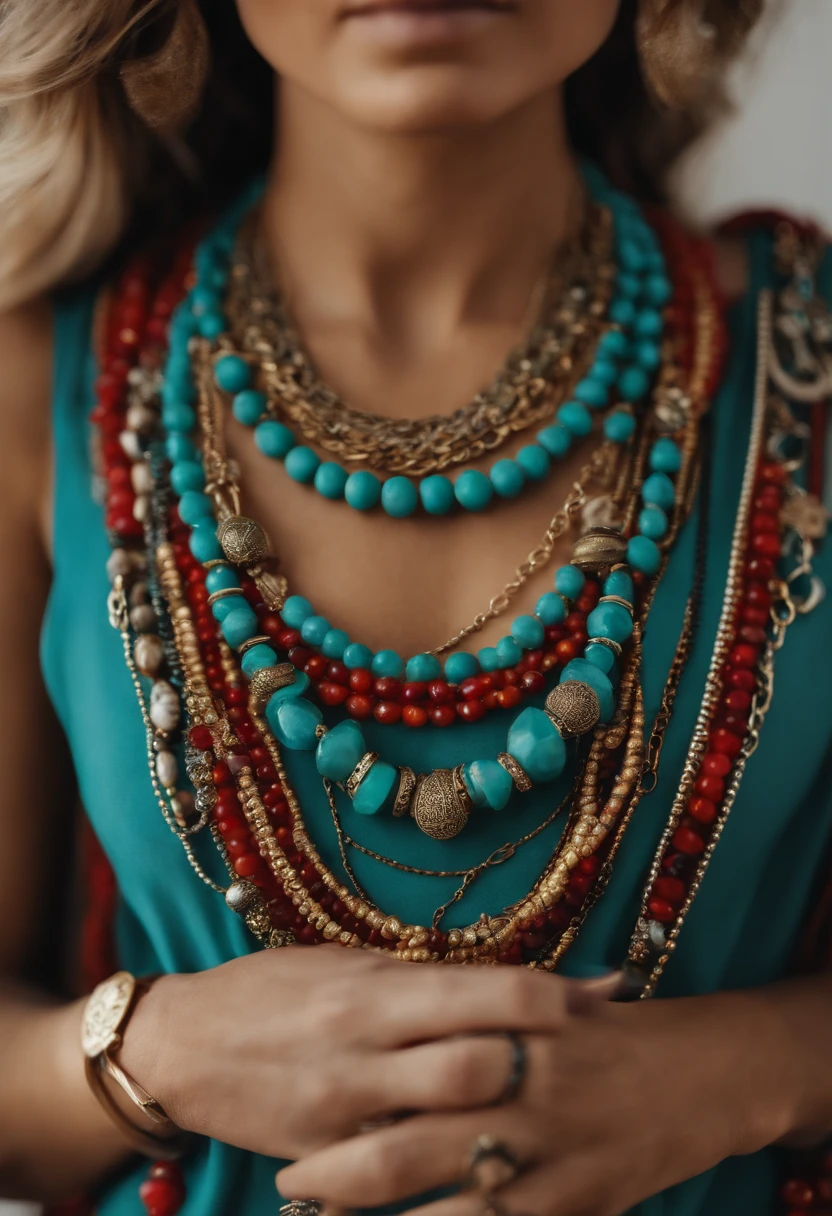 Layered necklaces, hoop earrings, simple bracelets.