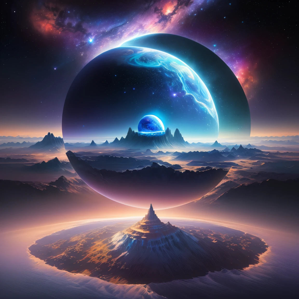 Beautiful space with mysterious planets, pastel painting, trending on art station, colorful, detailed, intricate, 16k, romantic, sapphire, 10 portals, beautiful fantasy landscape, realistic and natural, cosmic sky, detailed full color, nature, hd photography, realistic surreal, elements of nasa, magical, detailed, alien plants, glossy, surreal