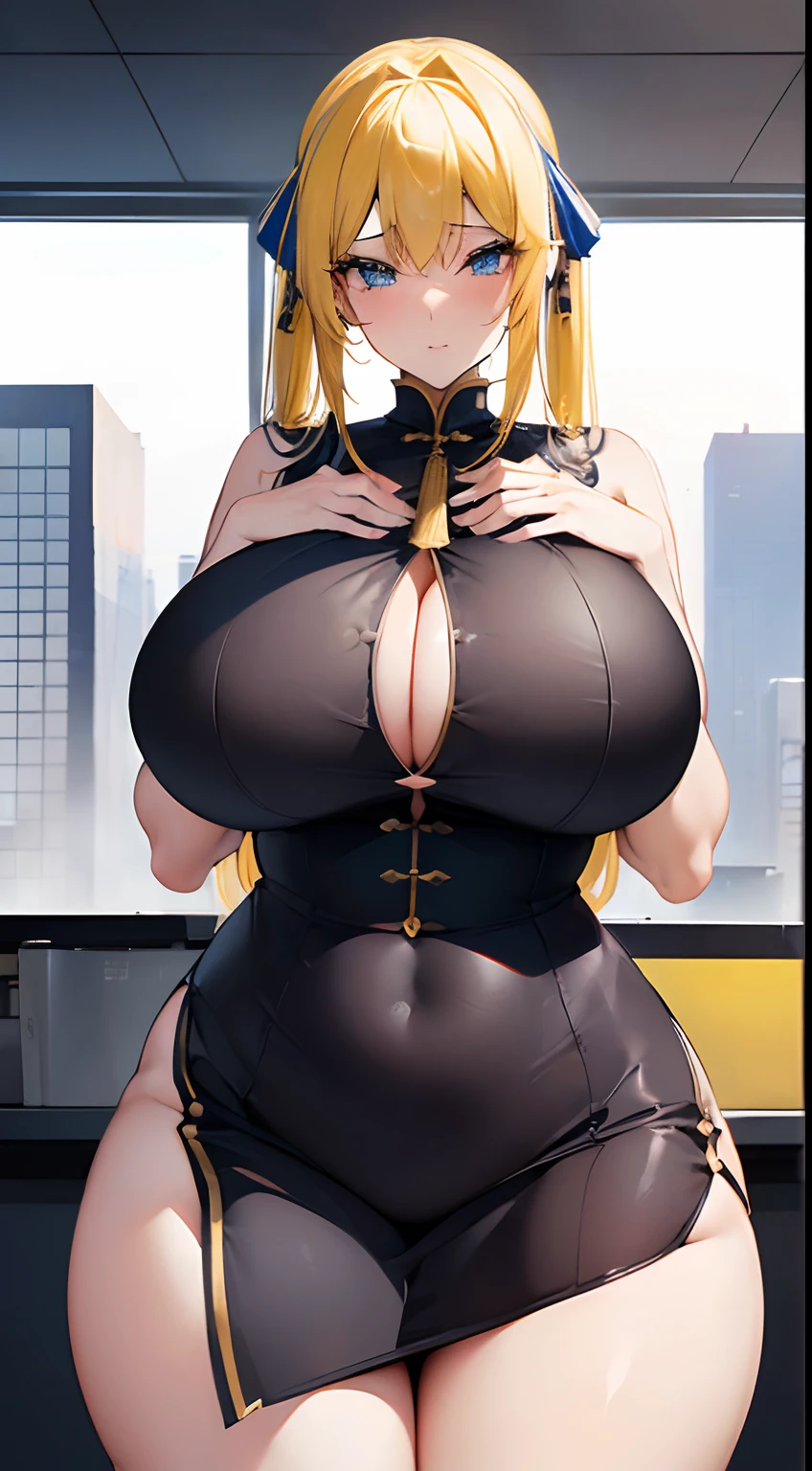((Sexual turn, A beauty with gigantic breasts and gigantic bust and girl)), ((best quality:1.5)),blue eyes,((yellow hair and gigantic tits and milf office lady and 黑丝))