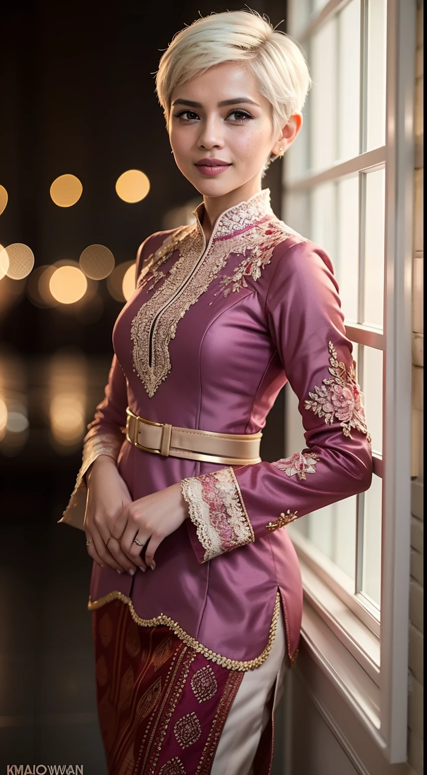 Malay girl, very short white hair, pixie cut hair, wear light plain pastel red women's long-sleeved dress opened at the front, secured with buttons, pins, or brooches, (baju kebaya:1.3) laughing and posing with hand on hip, wear handbag, from back view, windy, detail skin, age spot, detail skin texture, mole below eyes, small breast, flat chest, wide hips, small waists, thick thighs, slim abs, beautiful body, nighttime, laughing, happy, bright lighting, crowded dinner hall, blur background, bokeh,