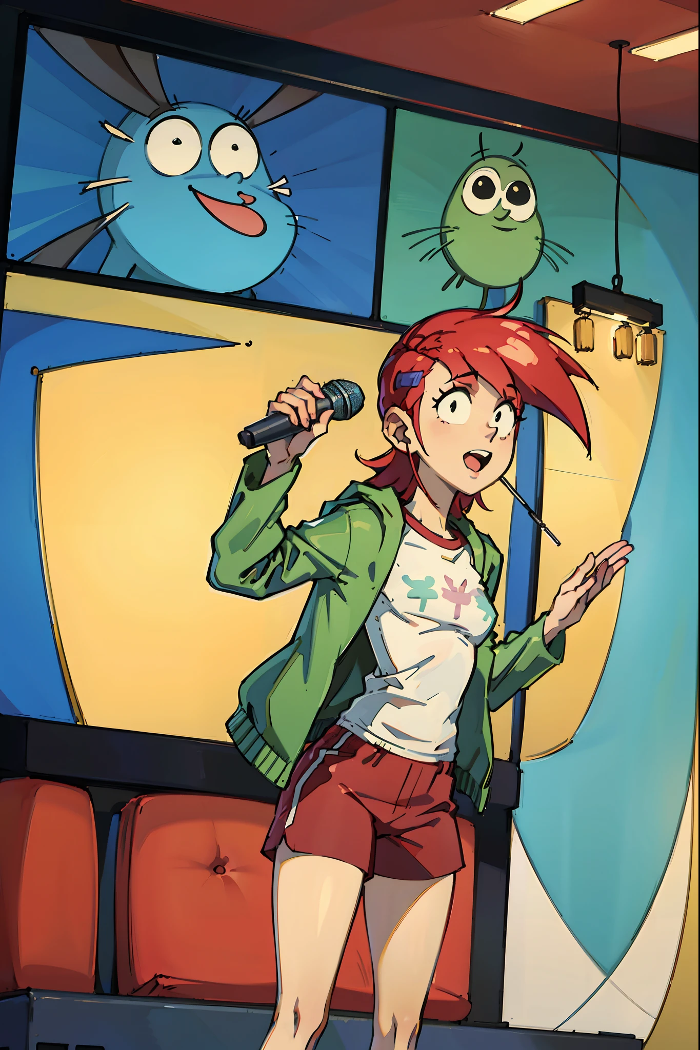 Frankie Foster, green jacket, white shirt underneath, red shorts, Small room, Mic in hand, Doing Karaoke, (1girl). High detail, High Quality, (Masterpiece)