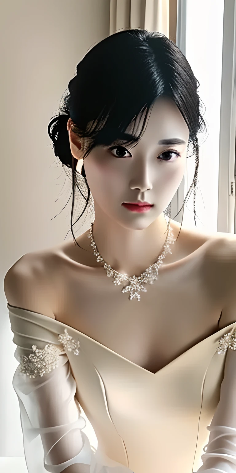 ((Beautiful face)), Very delicate facial, creamy smooth skin, masterpiece, 1girl, best quality, ultra high definition, (photorealistic:1.4),full_body,,gentle glow,wonderful scene lighting,(in the classroom), (black off-the-shoulder dress)), watch the audience, necklace