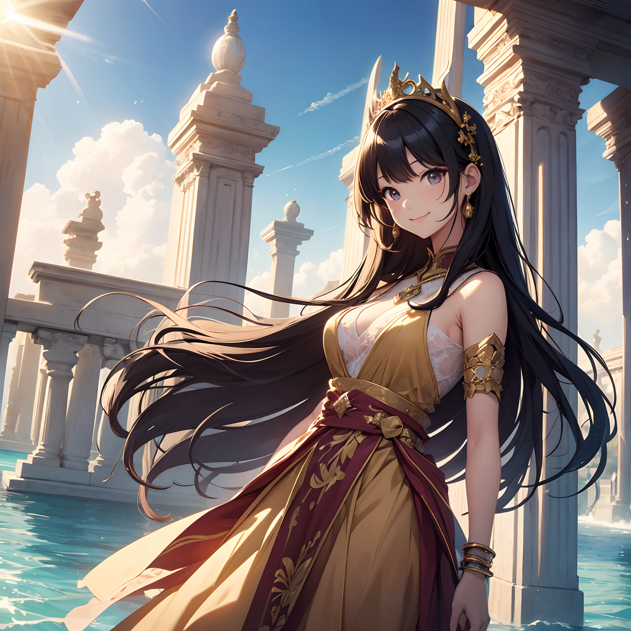 ​masterpiece、kawaii faces、Solo style、girl with、Si Princess Cut、2D Enhancement、lip、Squint and raise one eyebrow、Dazzling look、Big sun shining around、moderately sized breasts、Less revealing dresses、fashion modell、Idol、Shyness、Smiling smile、spreading arms widely、Sunlight piercing at an angle、There is a pillar of light that rises into the sky、Strands of light rising from the ground、Detailed background depiction、Realistic background depiction、