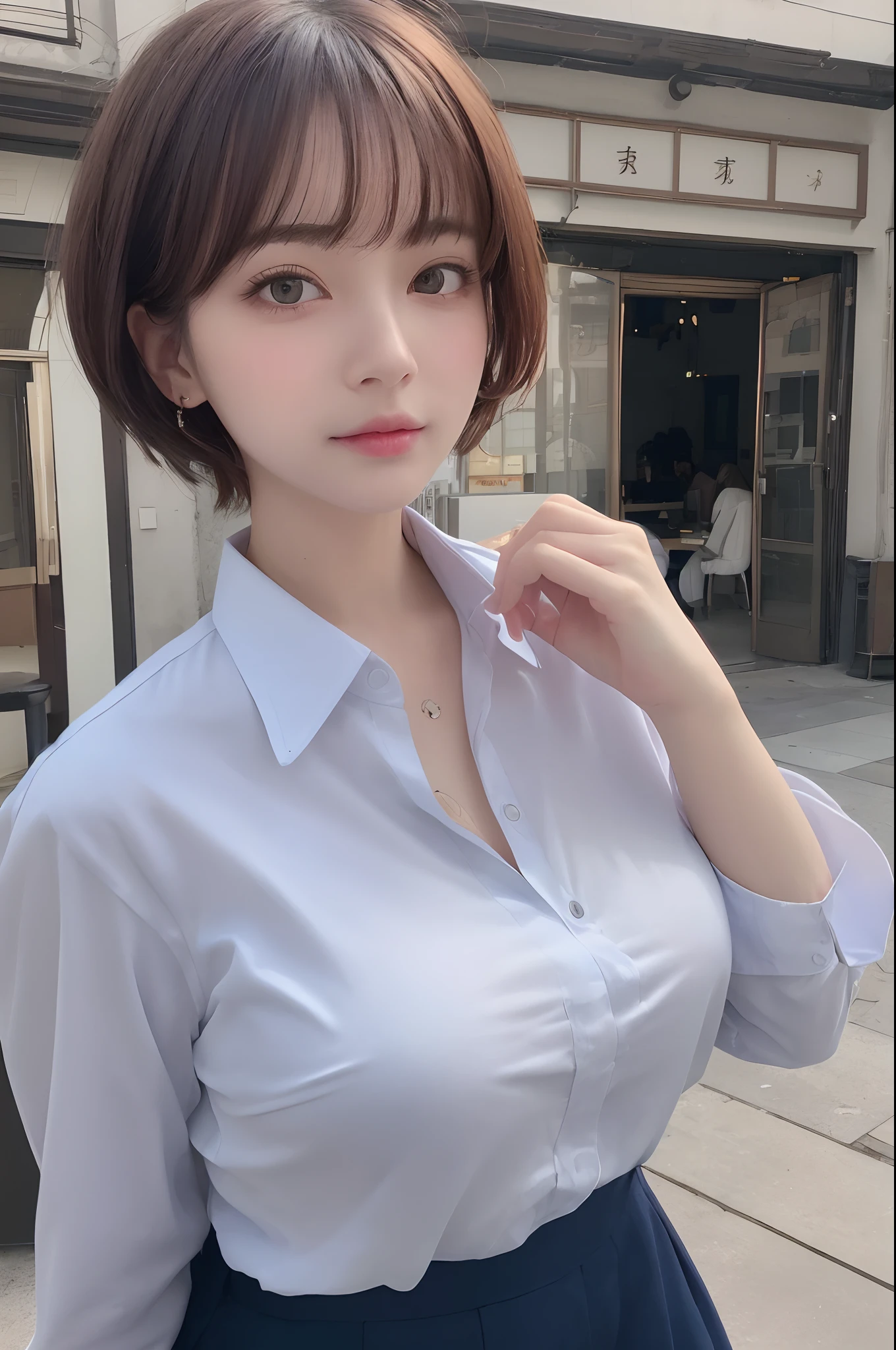 Front view, (Full- body:1.3) ,(open stance), stand on floor , in enterprise office , Gorgeous Young Korean Woman, looking at viewer, 1 girl, 35 yeas old, (short hair, brown hair, fringe, single eyelid, Thin outer eyebrows, Small eyes、Eyes are small compared to the face, Narrow face, Tears, red lip, little smile), (Pink finger nails )(metal earring, metal neckless, Lady's watch ),( Chest visible, middle breasts, middle hip, public hair) (Navy blue Business Suit , Navy blue Business pant, white blouse, black Hi-heals: 1.3), noon, UHD, accurate, anatomically correct, textured skin, super detail, high details, high quality, best quality, 4K