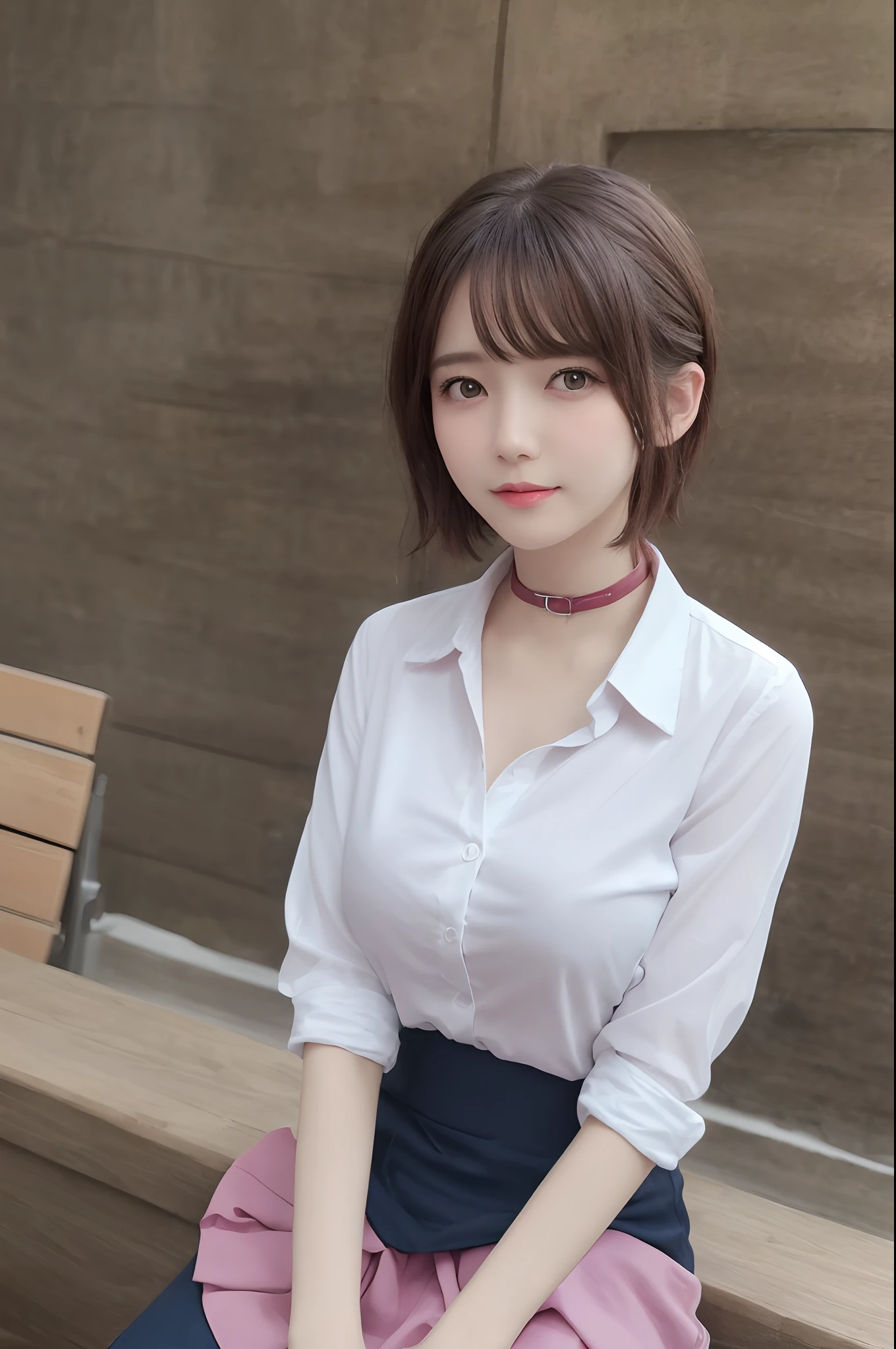 (8K、top-quality、​masterpiece:1.2)、(realisitic、Photorealsitic:1.37)、ultra-detailliert、女の子 1 人、cute little、Brown hair、Soio、Beautiful detailed sky、Detailed Cafe、sitting on、date、(Nasal blush)、 ssmile,(Closed)、Very big big、Colossal tits、emphasizing breasts、Let's stick out of the clothes、Large enough to unbutton clothes、Clothes in small sizes,Beautiful eyes,(shirt with collar:1.1),,Wet,Pink Business Wear,,(short-hair:1.2),Dark blue skirt、Floating Hair NovaFrogStyle,