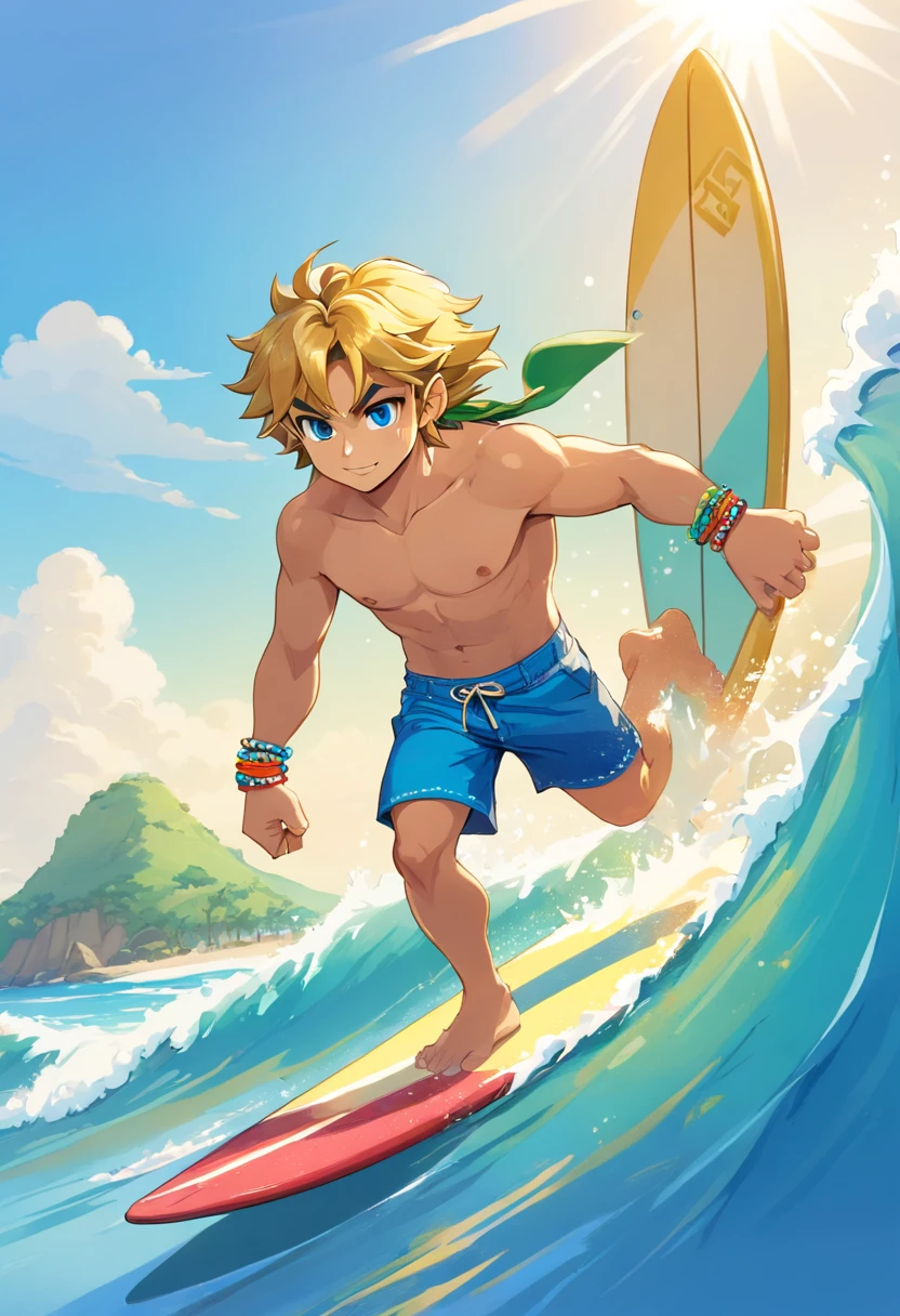 Brody boasts a sun-kissed tan that's the envy of all his beach buddies. His curly blonde hair falls in a tousled mane that's constantly tousled by the salty ocean breeze. With an athletic build, he stands at a comfortable 6'0" and is always ready to ride the next big wave. Brody's bright blue eyes mirror the endless expanse of the ocean, sparkling with the excitement of his favorite sport.
Features:
Beachwear: He's often dressed in board shorts, a tank top, and flip-flops, keeping his attire casual and surf-ready.
Accessory: A string of beaded bracelets adorns his wrist, each bead a memento from a different surf spot around the world.