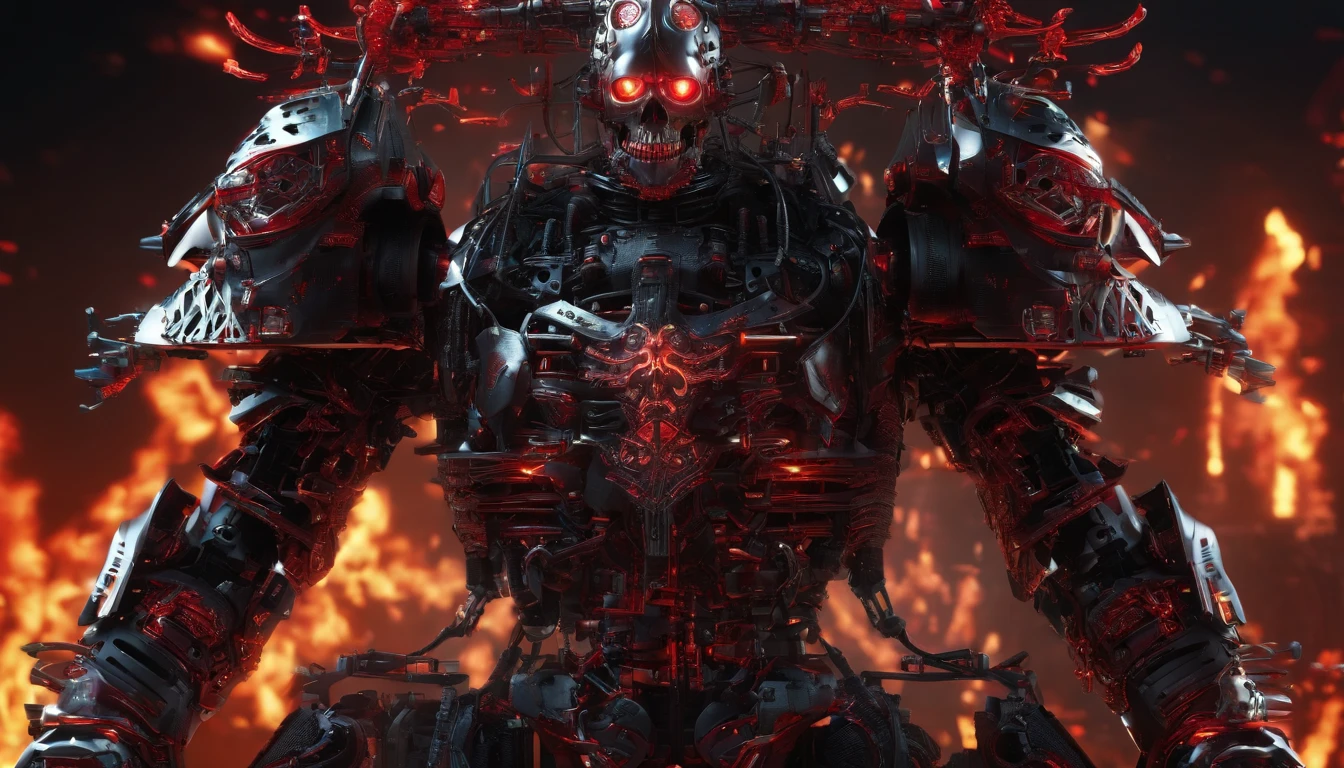 Skull warrior with flames, skeleton with armor and sword, dark, macabre, epic, horror, ultra detailed, red color.