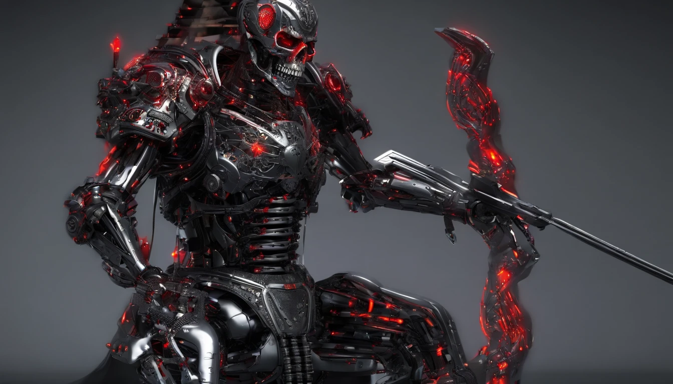 Skull warrior with flames, skeleton with armor and sword, dark, macabre, epic, horror, ultra detailed, red color.