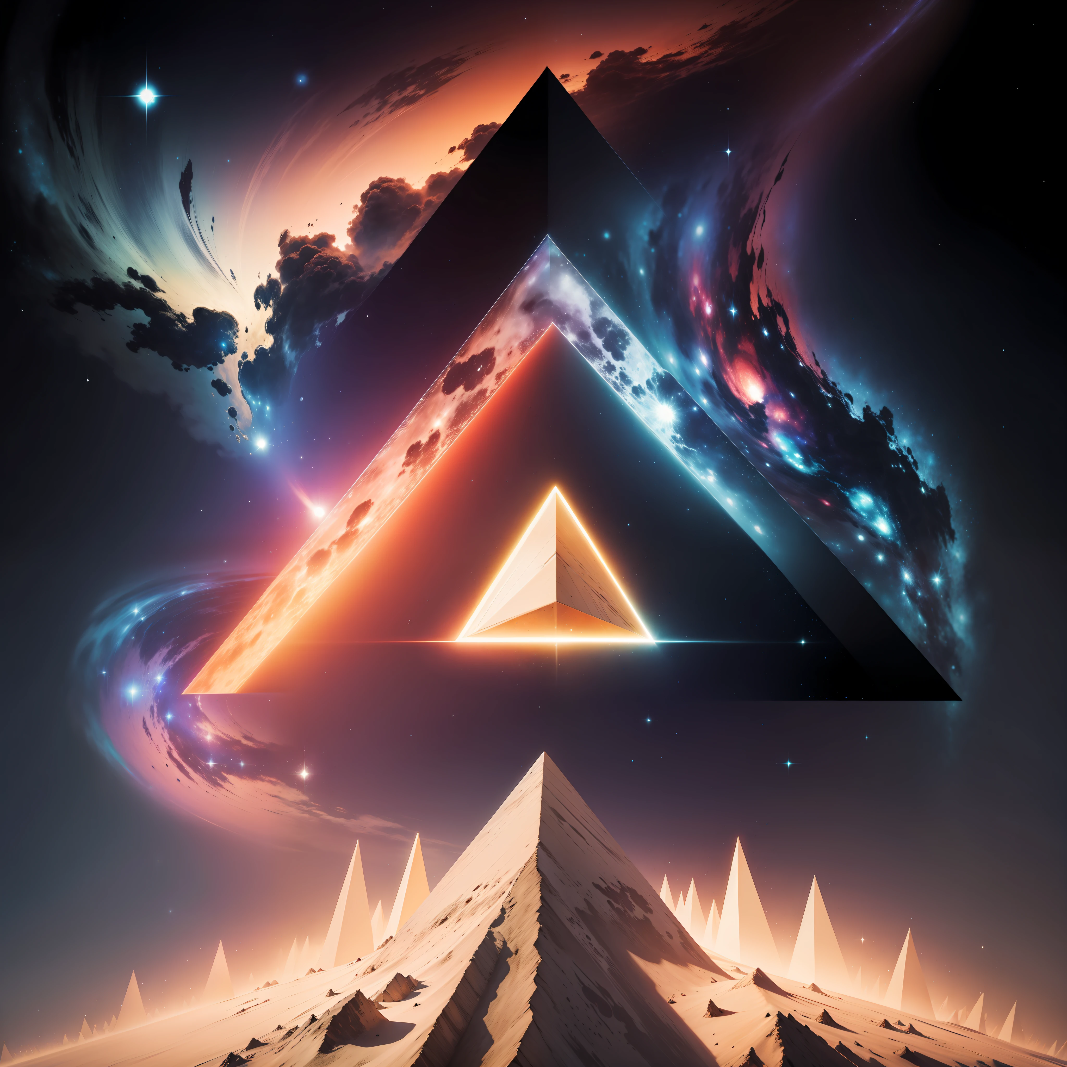 There is an equilateral triangle in the middle,The background is a galaxy,There are some signs of wind signs around,Porfinacci,Don't touch boundaries,tmasterpiece,The middle of the triangle is scattered into three colors