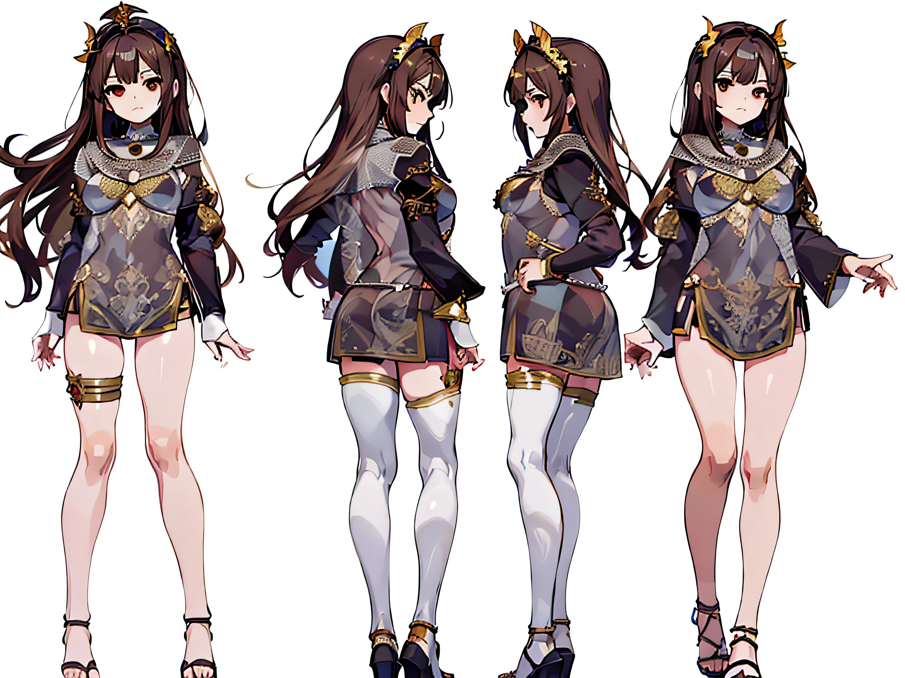 1girl, hembra humana, Hoja de referencia, Traje a juego, (Fantasy character design, Front angles, Lateral angles, Rear angles) mujer joven, warm smile, ojos expresivos, Brown-haired, ojos rojizos, olas suaves, 1chainmail, Traje blindado, Craftsmanship, Offers protection and flexibility, Adorned with intricate symbols and designs, Comportamiento amigable y accesible, Las manos muestran signos de trabajo duro, encanto modesto. (Obra maestra:1.2), (La mejor calidad:1.3)
