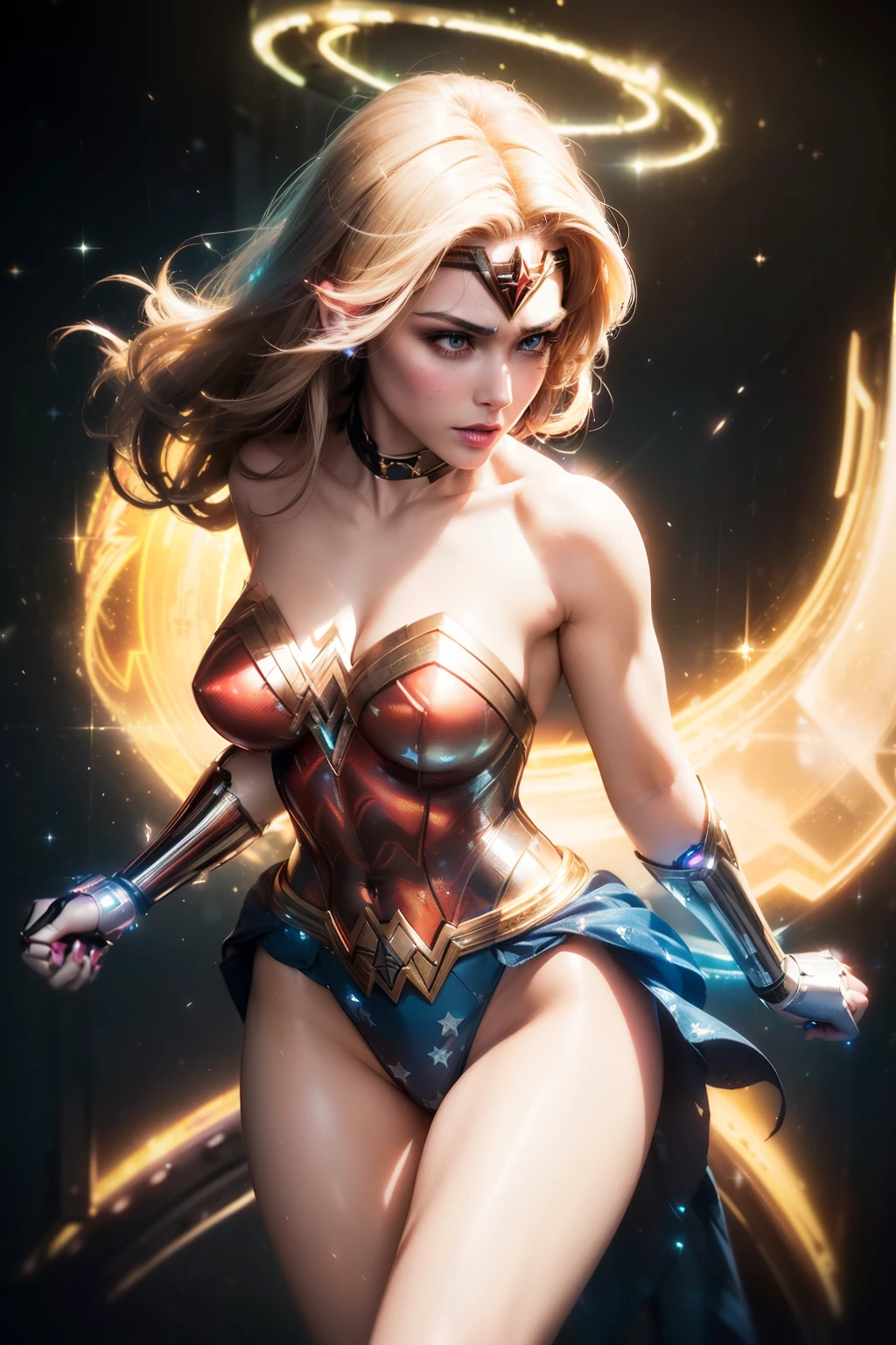 Wonder Woman realistic and intricate perfect beauty face, detailed & asymmetric perfect sharp galaxy glowing eyes, detailed face, (((from face to the waist))), (((beauty shape))), ((in realistic neon-lit sci-fi plugsuit metal mech parts and robotic tentacles with neon-lit lights)), masterpiece, 4k, UHD, white long hair