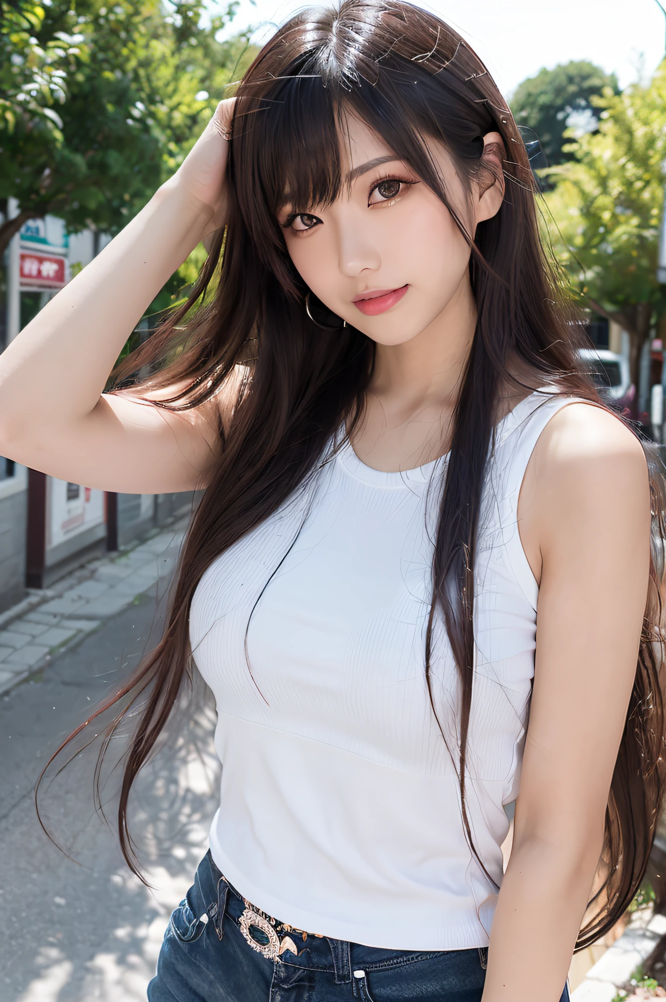 (Refreshing smile:1.5),(Look at viewers:1.1）,（hide one's hands:2.0）,(Beautiful Japan Woman）,（straight haired, Long hair, Hair fluttering in the wind:1.2), （ White sleeveless , Black tight skirt:1.5), （high-heels;1.3), detailed  clothes, (Perfect female body), (Narrow waist:1.3), (Bust Up Portrait:1.3),   Dynamic Pose, Cinematic Light, 135 mm, Fuji Film,