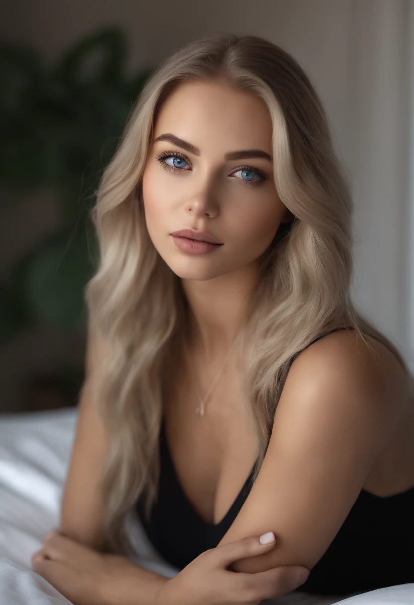 arafed woman fully , sexy girl with blue eyes, ultra realistic, meticulously detailed, portrait sophie mudd, blonde hair and large eyes, selfie of a young woman, bedroom eyes, violet myers, without makeup, natural makeup, looking directly at the camera, face with artgram, subtle makeup, stunning full body shot kneeling on bed, in bedroom, medium to large size bust