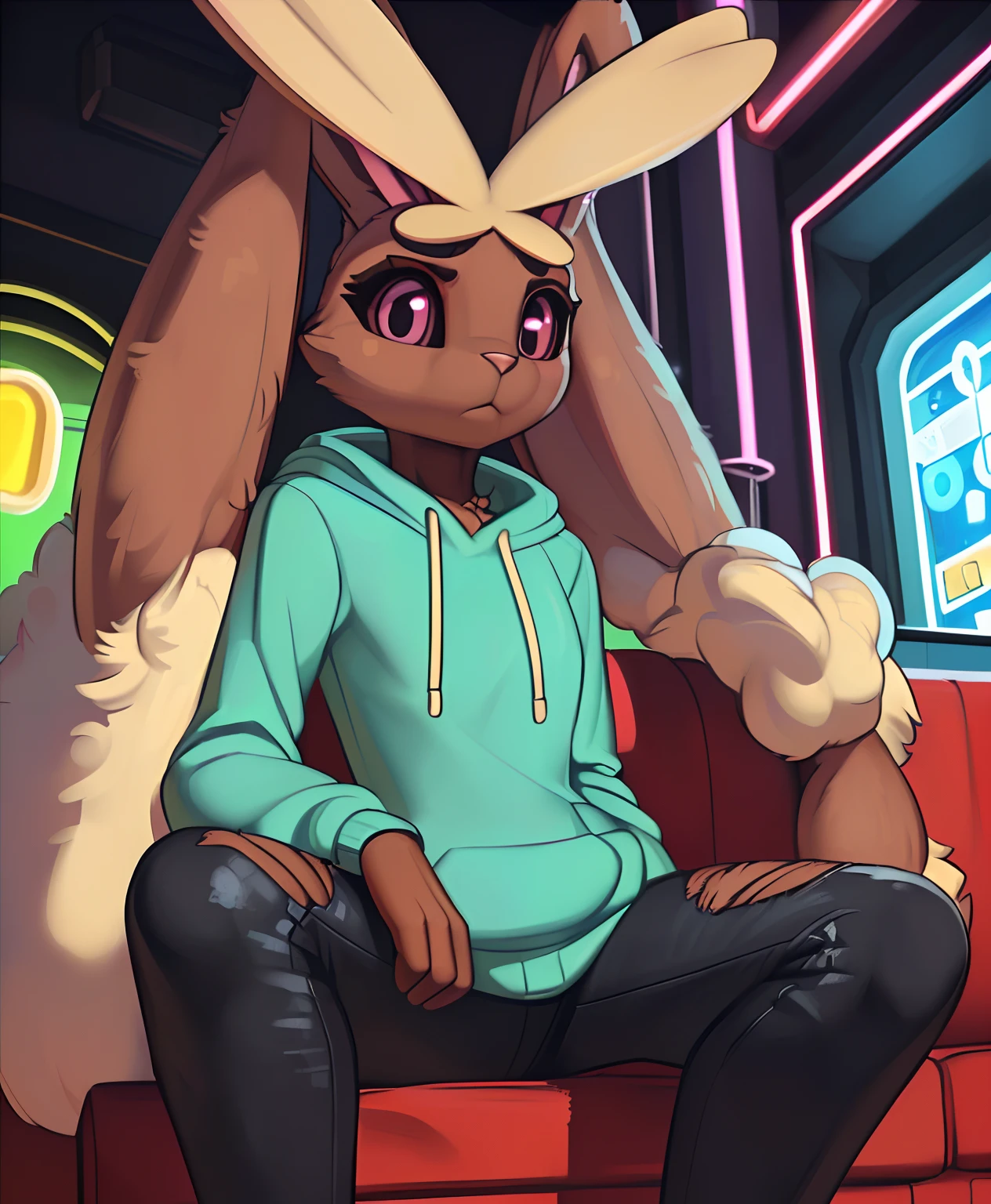 [pokemon; lopunny], [Uploaded to e621.net; (Foxovh), (Pixelsketcher), (mayosplash)], ((masterpiece)), ((HD)), ((High Quality)), ((solo portrait)), ((full body)), ((front view)), ((furry; anthro lop bunny girl)), ((detailed fur)), ((cel shading)), ((detailed shading)), ((beautiful render art)), {(anthro pokemon; lopunny, brown fur, (long floppy bunny ears), (ears down back like hair), (small fluffy beige rabbit tail), (frown), (long beige fluffy eyebrows), gorgeous hips}, {(teal sweatshirt hoodie: #008080), black denim skinny jeans}, {(sitting on couch), (looking ahead)}, [background; (arcade), (neon lights), (ambient lighting)]