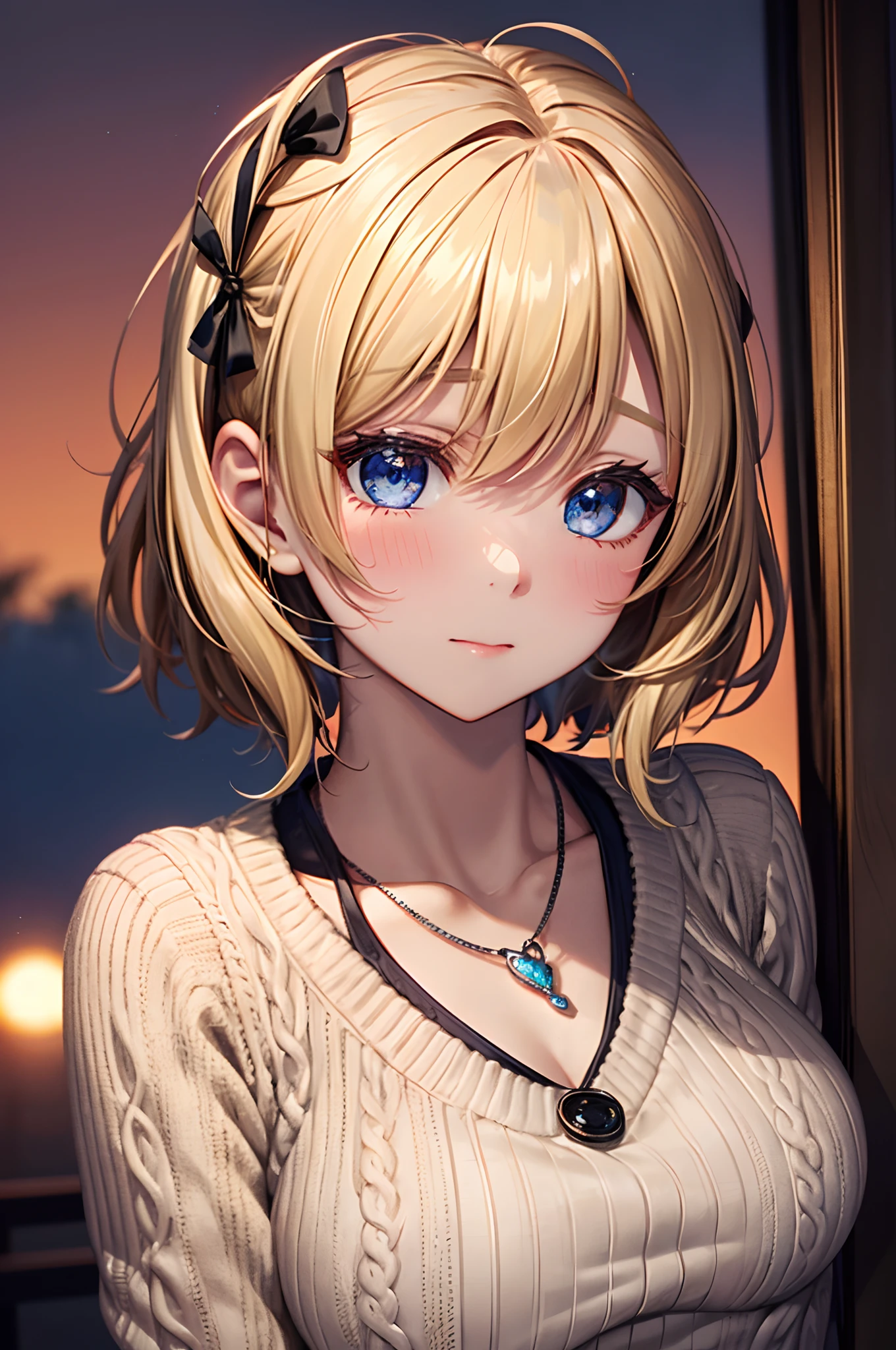 absurderes, ultra-detailliert,bright colour, extremely beautiful detailed anime face and eyes, (独奏:1.6), (medium breasts⁩:1.2),(Thin knitwear:1.3),(Park at dusk:1.3)、(Surprise and embarrassment:1.3)、(short hair asymmetrical bangs short twin tails blonde hair shiny hair), Delicate beautiful face, red blush,(Deep Blue Eyes:1.3 ) White skin, hair clips,1 necklace,