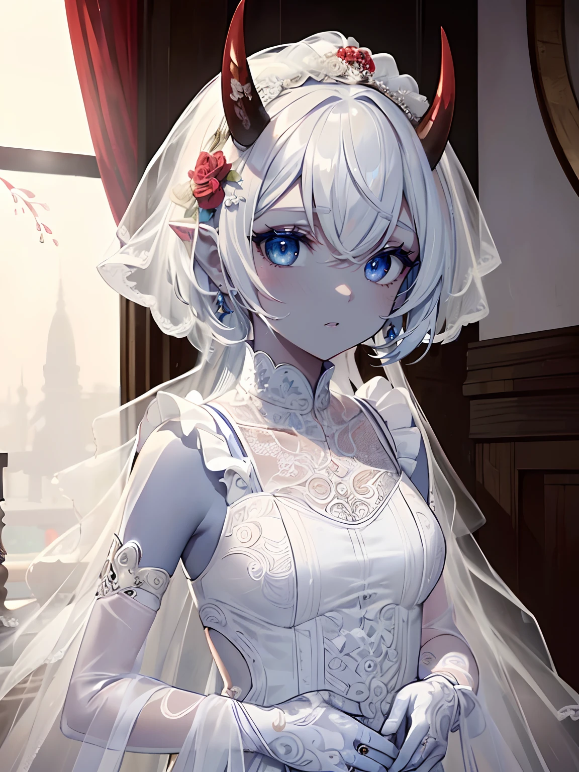 (masterpiece,best quality,ultra-detailed),1girl,short hair, Brown hair,(oni girl 👹,oni horns 👹),(((wedding dress))),(colored skin,pale blue skin),beautiful and detailed face, detailed eyes ,(grey theme),