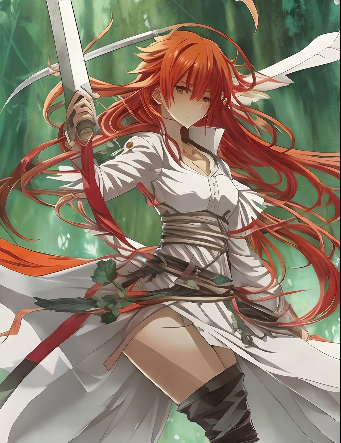 Menina do anime com cabelo branco e traje vermelho segurando uma espada, cushart krenz arte chave feminina, epic light novel art cover, arte superdetalhada, arte chave detalhada do anime, epic light novel cover art, arte chave, arte oficial, Ciarina, Arte Oficial, arte oficial altamente detalhada, Frondas, estilo de arte anime de alta qualidade, Arte Zerochan