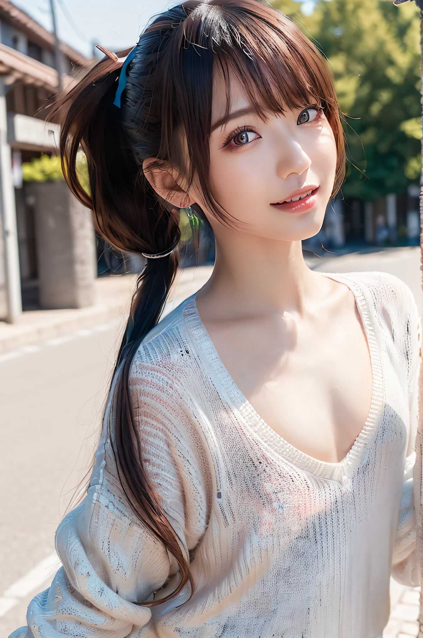 (raw shooting:1.3)、(photo realistic:1.3)、(masterpiece:1.3)、(top-quality:1.3)、ultra detailed、High resolution、(depth of fields)、(Detailed eye)、(detailed facial features)、(Detailed fingers)、(detailed clothes features)、HDR、8K、skin tightening、(shinny skin)、landscapes、majestic、1 woman、Japanese、23 years old、(dark brown hair)、(longhair)、(high pony tail:1.5)、hair blowing in wind、Looking away、(Cowboy Shot:1.3)、(Dynamic Pose)、fighting stance、fighting pose、(Happy smile)、(v-neck sweater:1.5)、pleated skirt、(very flat chest:1.5)、(very small breasts:1.5)、Shine with colored light、Ethereal lighting、forest ray light、(Daytime cityscape, bustling streets, and urban energy. Portray the vibrant charm of a lively metropolis under the sun.)、