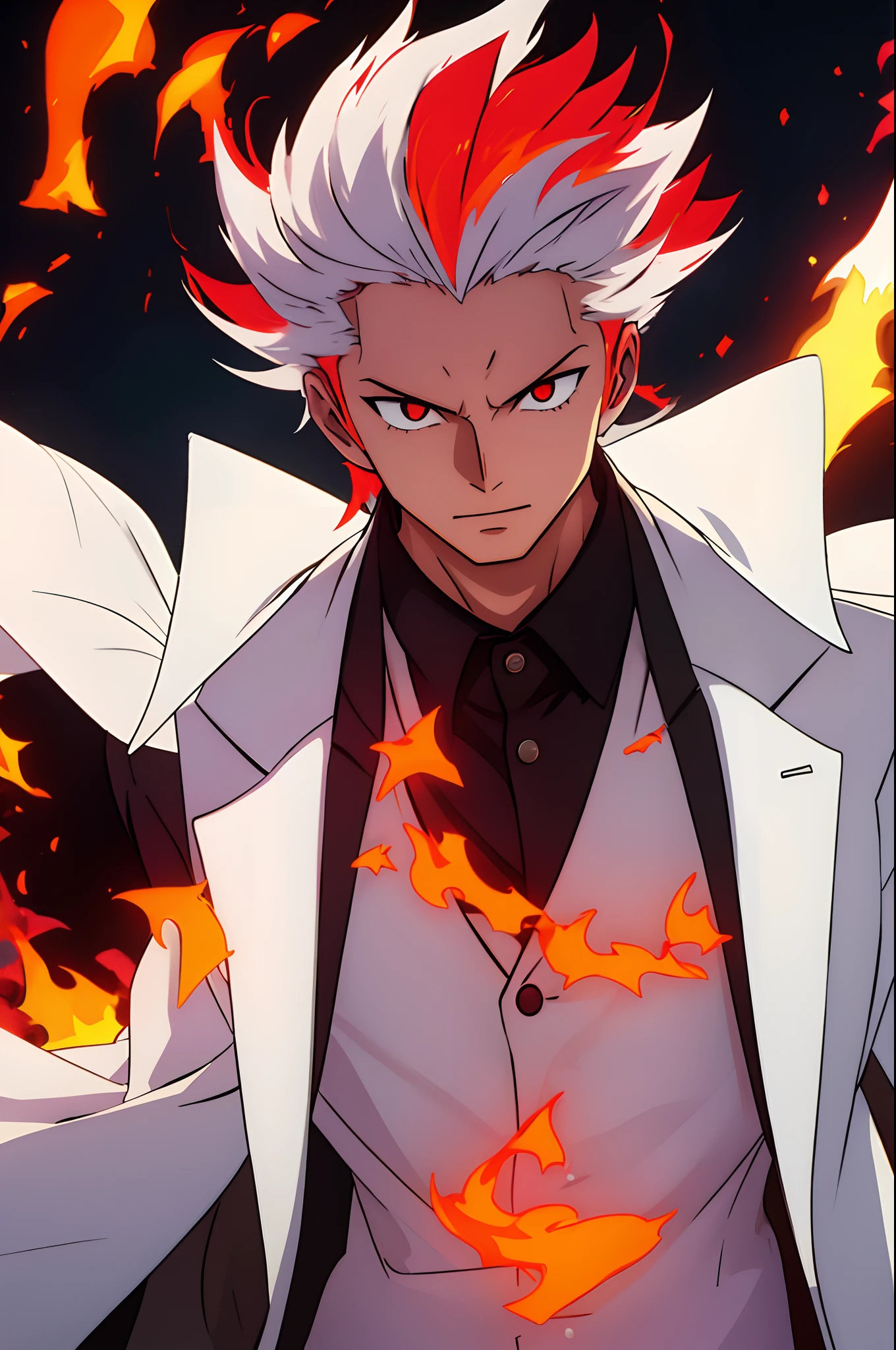 a guy, wearing a white overcoat, with long red hairs, fire aura