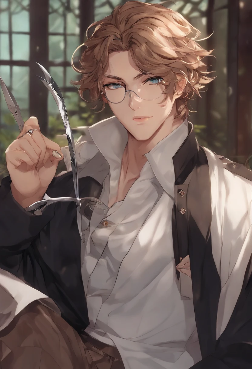 a person holding a pair of scissors, with index finger, hajime yatate, handsome guy in demon slayer art, anime style like fate/stay night, demon slayer rui fanart, tall anime guy with blue eyes, clean detailed anime style, male anime character, anime style character, nagito komaeda, detailed anime character art