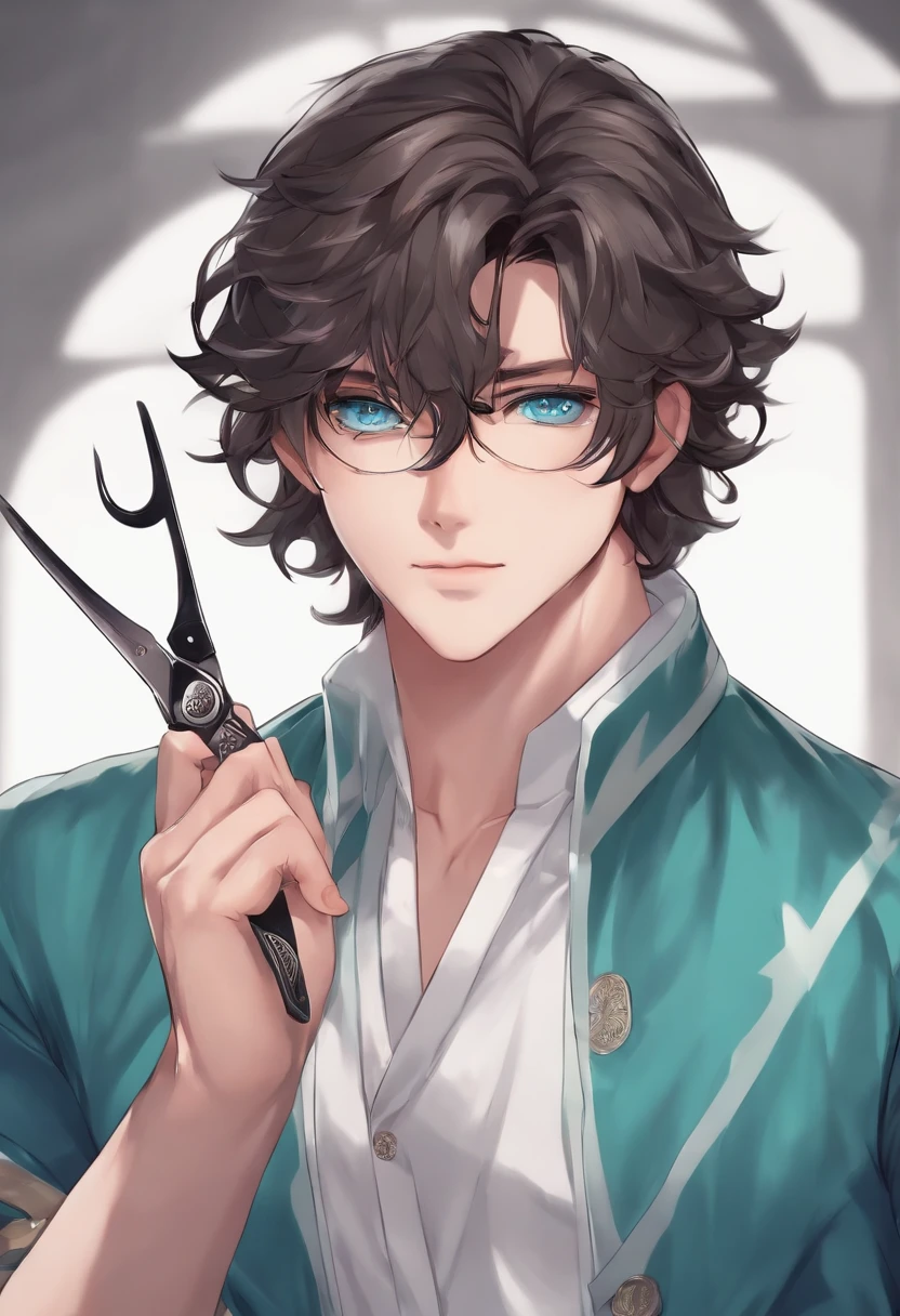 a person holding a pair of scissors, with index finger, hajime yatate, handsome guy in demon slayer art, anime style like fate/stay night, demon slayer rui fanart, tall anime guy with blue eyes, clean detailed anime style, male anime character, anime style character, nagito komaeda, detailed anime character art