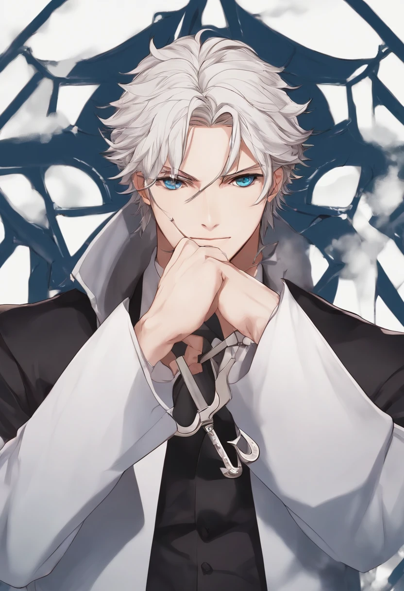 a person holding a pair of scissors, with index finger, hajime yatate, handsome guy in demon slayer art, anime style like fate/stay night, demon slayer rui fanart, tall anime guy with blue eyes, clean detailed anime style, male anime character, anime style character, nagito komaeda, detailed anime character art