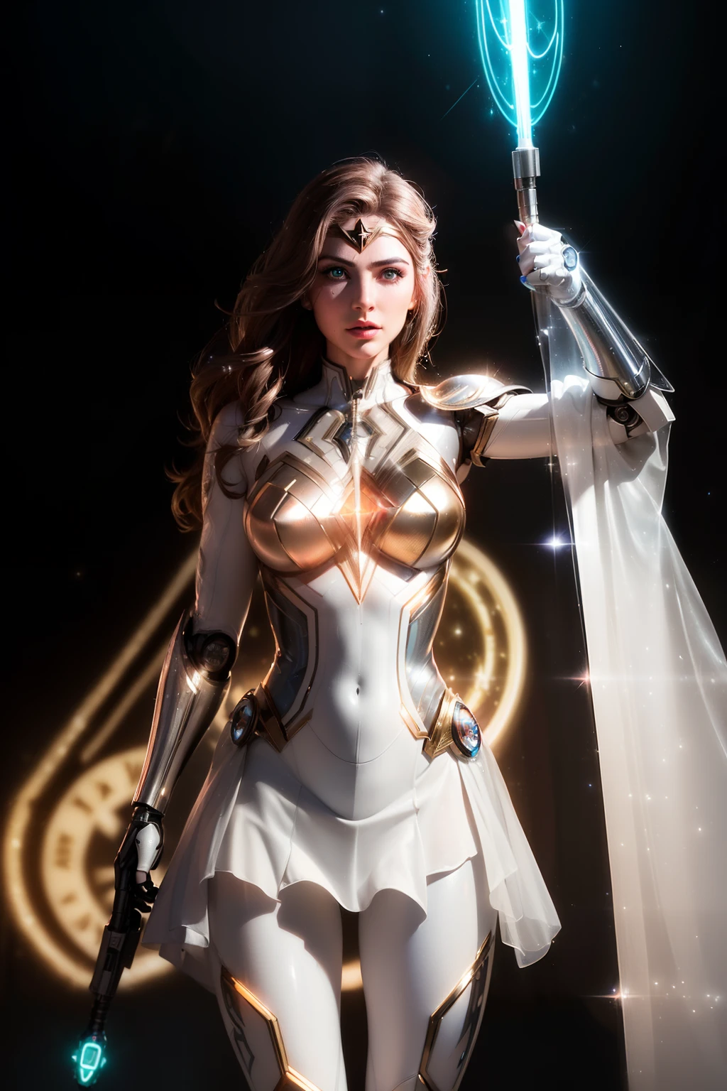 Wonder Woman realistic and intricate perfect beauty face, detailed & asymmetric perfect sharp galaxy glowing eyes, detailed face, (((from face to the waist))), (((beauty shape))), ((in realistic neon-lit sci-fi white plugsuit metal mech parts and robotic tentacles with neon-lit lights)), masterpiece, 4k, UHD