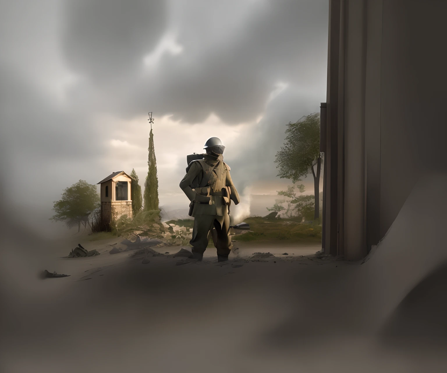 "Create a powerful and evocative artwork that portrays a time-displaced WWI United States soldier, still proudly wearing the uniform he was issued a century ago. This soldier, a living relic of the past, stands in stark contrast to the modern military equipment and surroundings.

He wears the tattered but well-preserved uniform of a WWI doughboy, complete with the iconic M1917 helmet. His uniform carries the weight of history, and his expression reflects the determination and duty that transcends time.

Despite his outdated uniform, the soldier stands shoulder to shoulder with modern U.S. Army soldiers, armed with an M249 SAW machine gun. The juxtaposition of past and present weaponry emphasizes the soldier's adaptation to his new role.

The scene unfolds in a contemporary battlefield, with modern military equipment, vehicles, and surroundings providing a striking contrast to the time-traveling soldier. The atmosphere should reflect the intensity of combat, with explosions, smoke, and the chaos of modern warfare.

The soldier's presence should convey a sense of honor, resilience, and unity as he fights alongside his modern counterparts, bridging the gap between eras. This artwork should capture the essence of a soldier out of time, determined to serve his country, no matter the era."