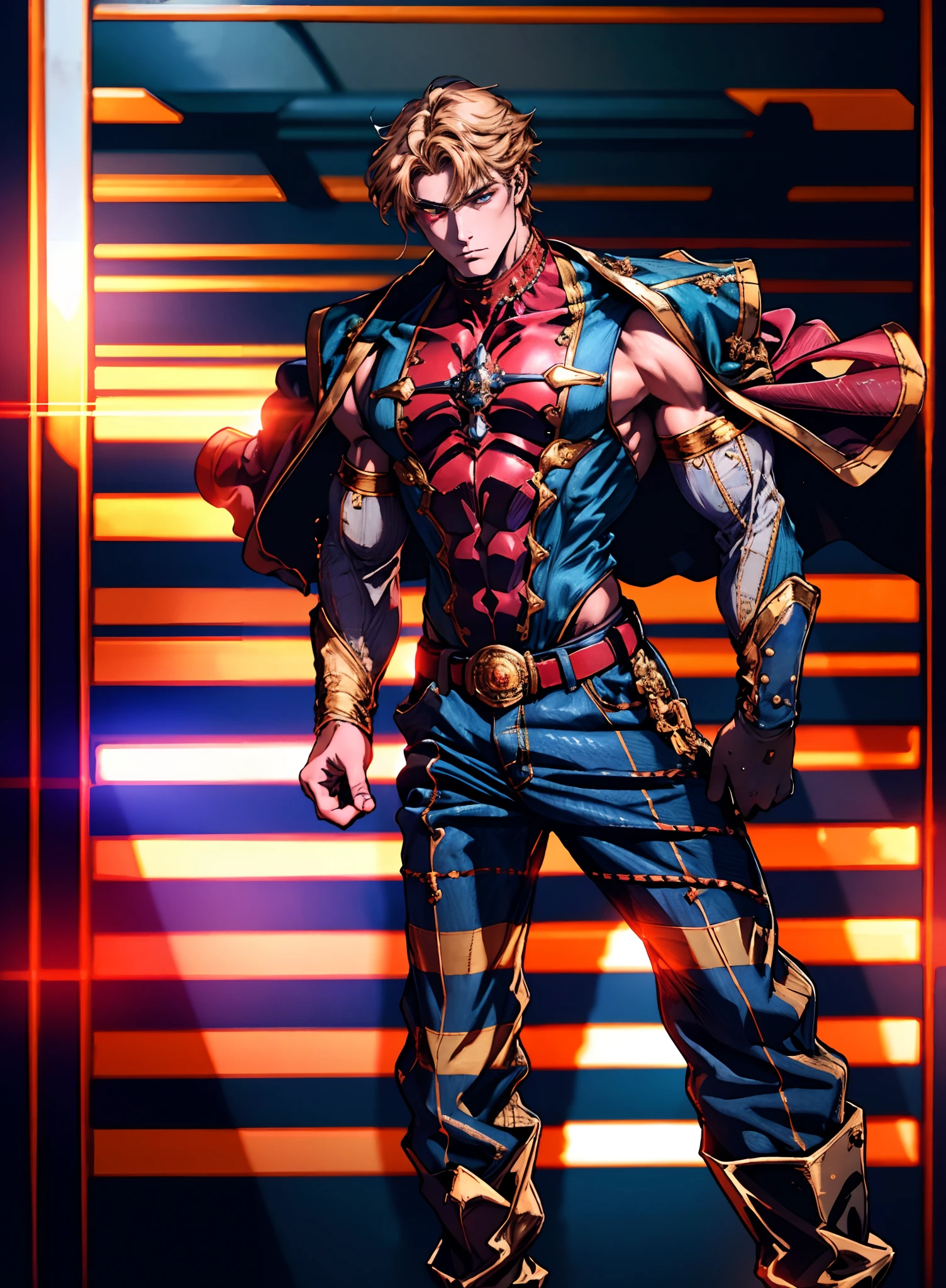 A middle-aged man with short golden hair, thick and tousled hair, a stern look, sharp eyes, well-defined facial features, a strong physique, he wears a short cape that flutters in the wind, a tight-fitting fantasy-style outfit, primarily in shades of blue-purple, accented by touches of orange-red and white, a gold belt with red jewels, matching trousers, the backdrop of a raging sea battle scene, a scene of intense naval warfare unfolds, this character embodies a finely crafted fantasy-style formidable maritime overlord in anime style, characterized by an exquisite and mature manga illustration art style, high definition, best quality, highres, ultra-detailed, ultra-fine painting, extremely delicate, professional, anatomically correct, symmetrical face, extremely detailed eyes and face, high quality eyes, creativity, RAW photo, UHD, 8k, Natural light, cinematic lighting, masterpiece:1.5