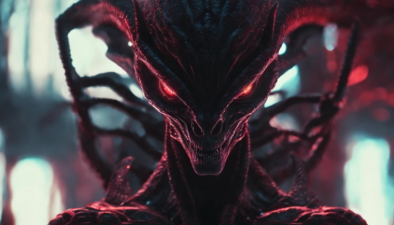 Close up of a demon with glowing eyes, spectral, creepy, ultra detailed, dark ambient, red color, masterpiece.