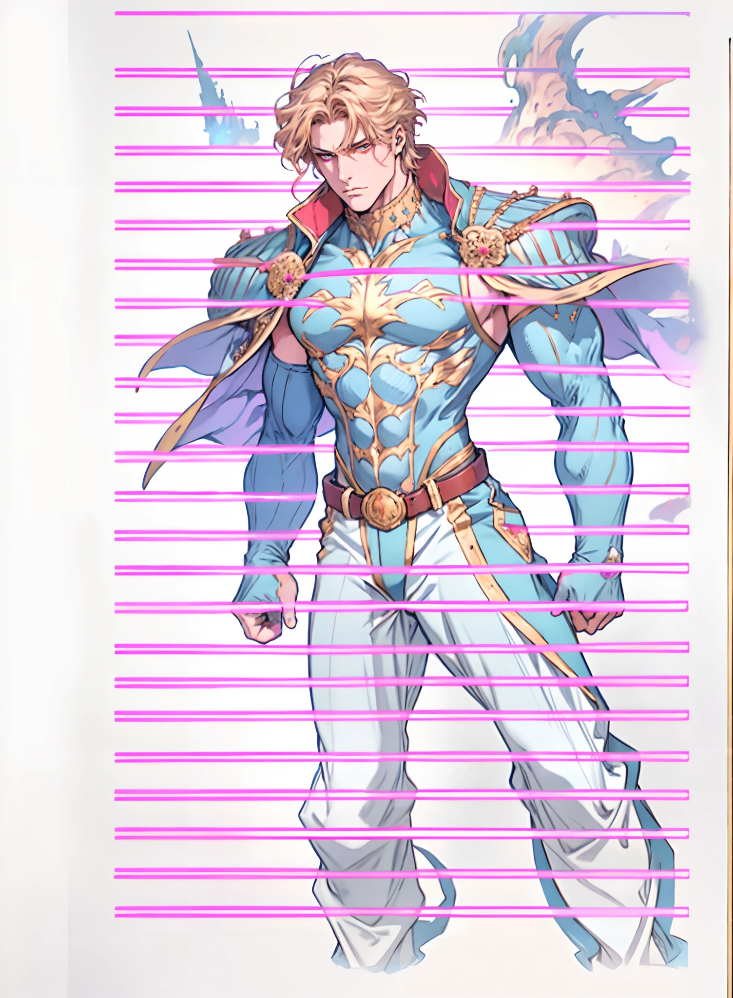 A middle-aged man with short golden hair, thick and tousled hair, a stern look, sharp eyes, well-defined facial features, a strong physique, he wears a short cape that flutters in the wind, a tight-fitting fantasy-style outfit, primarily in shades of blue-purple, accented by touches of orange-red and white, a gold belt with red jewels, matching trousers, the backdrop of a raging sea battle scene, a scene of intense naval warfare unfolds, this character embodies a finely crafted fantasy-style formidable maritime overlord in anime style, characterized by an exquisite and mature manga illustration art style, high definition, best quality, highres, ultra-detailed, ultra-fine painting, extremely delicate, professional, anatomically correct, symmetrical face, extremely detailed eyes and face, high quality eyes, creativity, RAW photo, UHD, 8k, Natural light, cinematic lighting, masterpiece:1.5