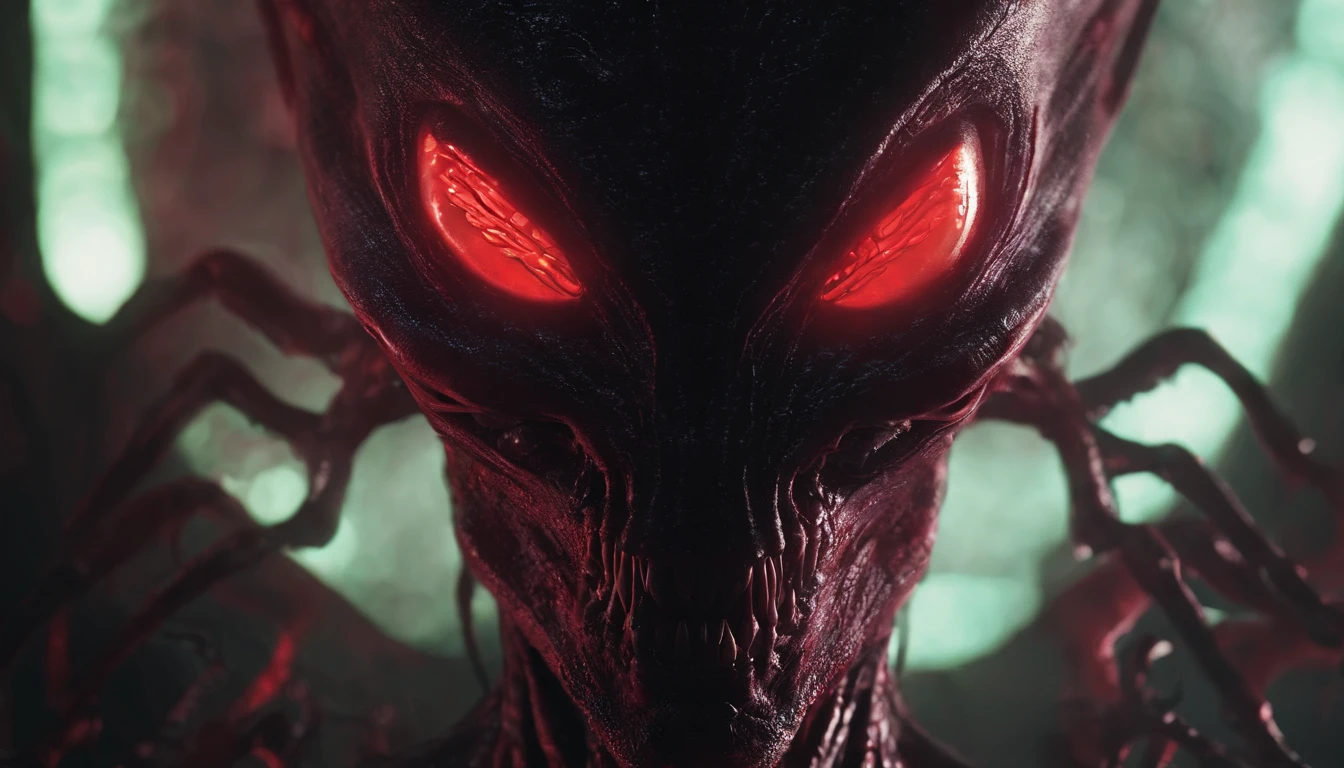 Close up of a demon with glowing eyes, spectral, creepy, ultra detailed, dark ambient, red color, masterpiece.