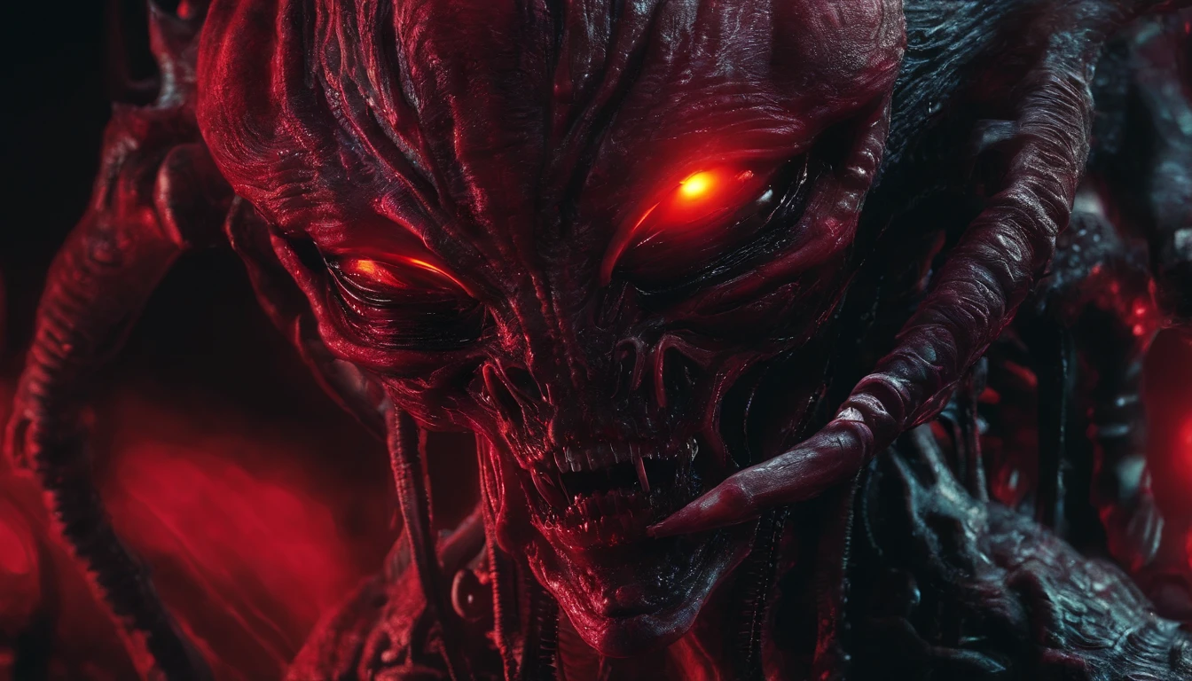 Close up of a demon with glowing eyes, spectral, creepy, ultra detailed, dark ambient, red color, masterpiece.