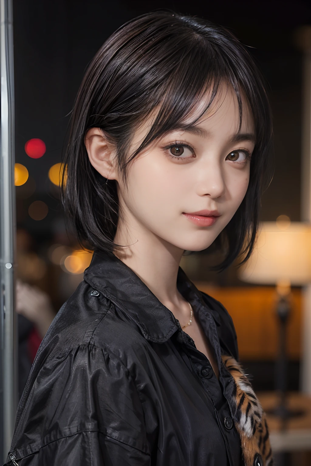((Best quality, 8k, Masterpiece :1.3)), Sharp focus :1.2, Perfect body beauty: 1.4, Slim abs: 1.2, ((Dark brown hair, Big breasts: 1.2)), (Natural light, City street: 1.1 ), highly detailed facial and skin textures, detailed eyes, double eyelids, (((Dynamic Angle)))
