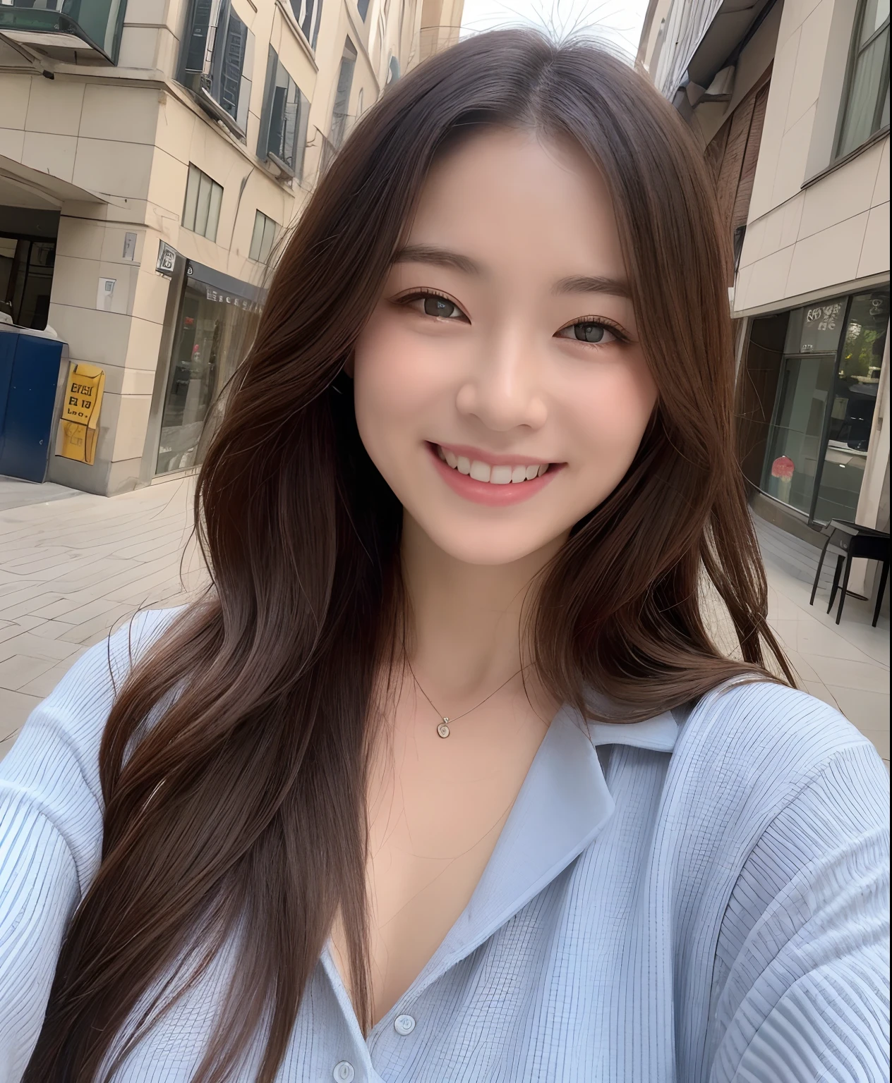 ((top-quality、in 8K、​masterpiece:1.3))、1girl in、Beautiful woman with plump abs emphasized:1.3、(The long-haired、Colossal tits:1.2)、In the city、Super delicate face、wholesome、二重まぶた、A smile that showed teeth、wearing in shirt、Looking at the camera、Big smile、Look here、Look at me with your eyes wide open、Cozy feeling、Walking around town