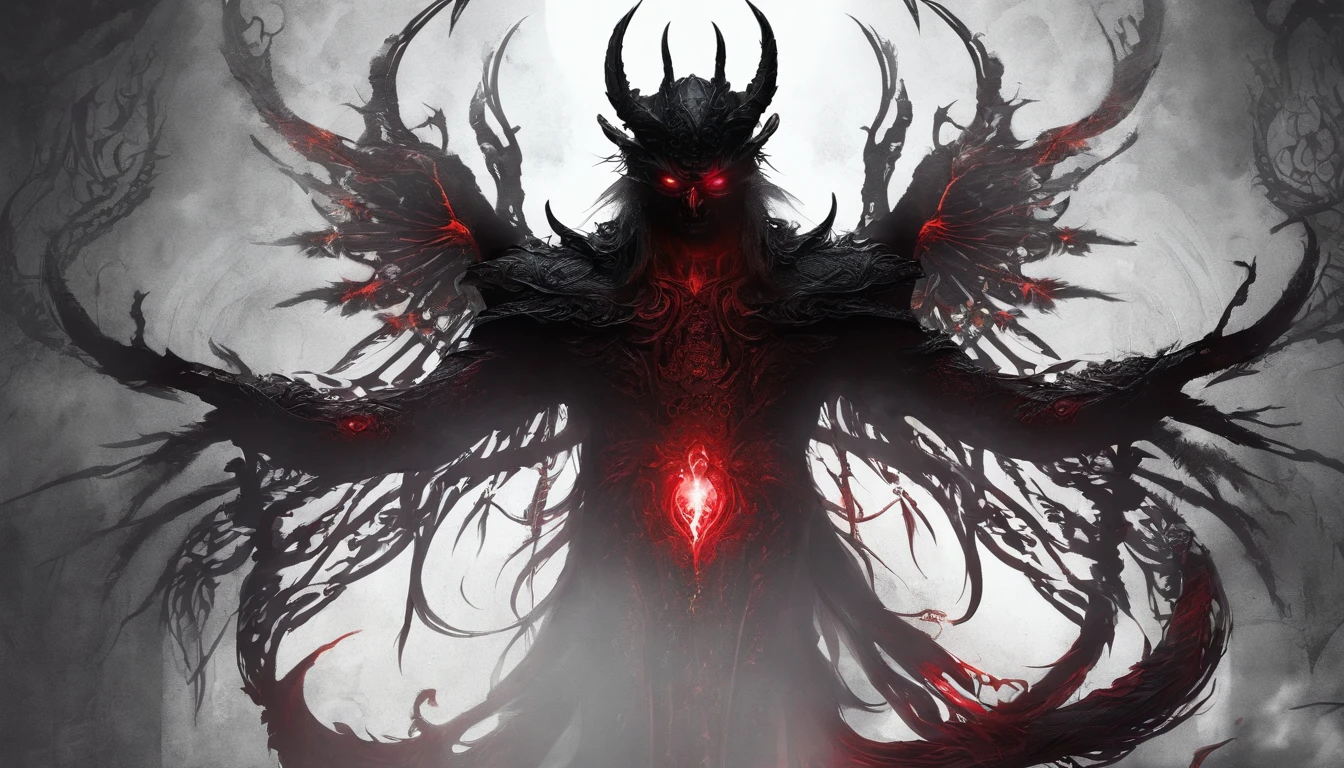 Close up of a demon with glowing eyes, spectral, creepy, ultra detailed, dark ambient, red color, masterpiece.