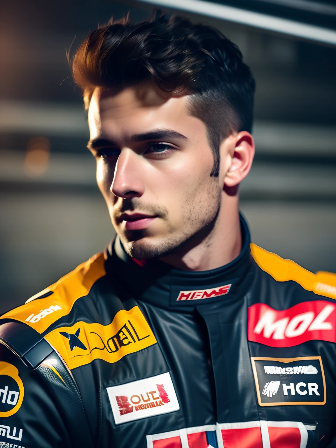 fking_scifi, foto premiada de um homem, Red Bull racing team Formula 1 costume with a small flag of Italy and the name marchesi written below, cabelo castanho, (olhos cinza: 1,35), queixo quadrado, asymmetrical face, parado em frente a uma janela em uma nave espacial, 80 mm, bokeh, efeito de massa , close-up, fking_cinema_v2