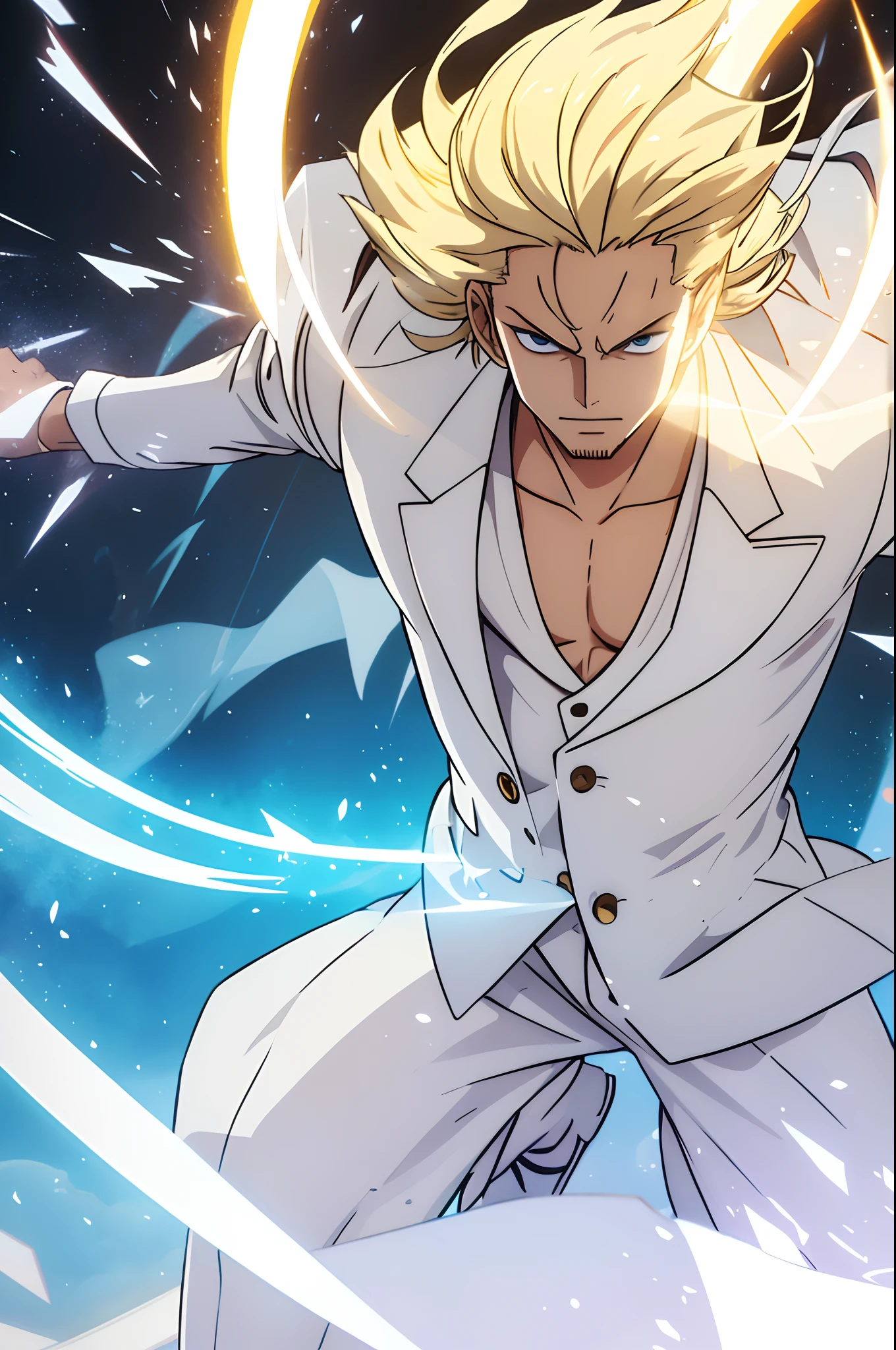 a strong guy, wearing a white suit, with long blond hairs, shining aura, thunder background