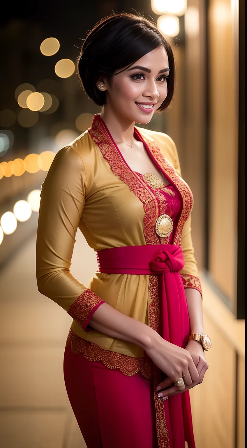 Malay girl, very short white hair, pixie cut hair, wear light plain  red women's long-sleeved dress opened at the front, secured with buttons, pins, or brooches, (baju kebaya:1.3) laughing and posing with hand on hip, wear handbag, from back view, windy, detail skin, age spot, detail skin texture, mole below eyes, small breast, flat chest, wide hips, small waists, thick thighs, slim abs, beautiful body, nighttime, laughing, happy, bright lighting, crowded dinner hall, blur background, bokeh,