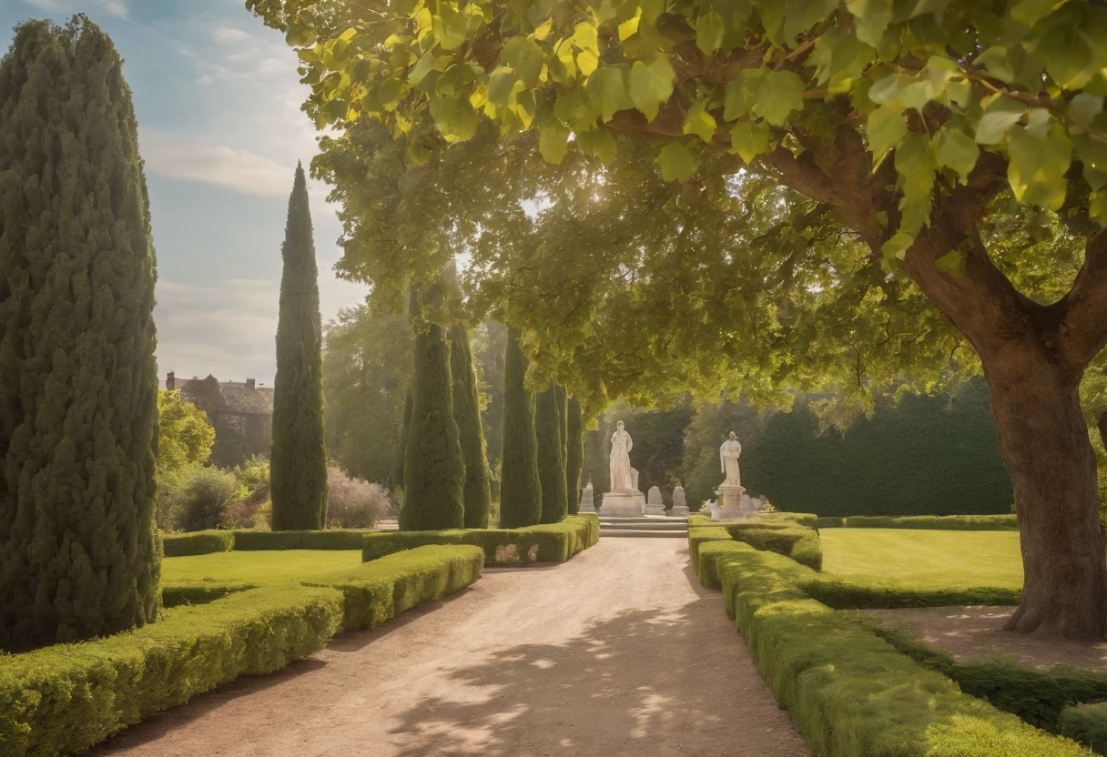 beautifully detailed 18th century gardens in London, (melhor qualidade,4k,8k,Altas,master part:1.2), ultra-detalhado, HDR, cores vibrantes, retrato elegante, luscious greenery, flores delicadas, Centenary trees, caminhos intrincados, Romantic sources, arquitetura harmoniosa, sunlight filtering through the branches, esculturas requintadas, sebes finamente aparadas, Statues depicting Greek and Roman gods, breathtaking sights, atmosfera refinada, pintura em aquarela, beleza atemporal, historical charm.