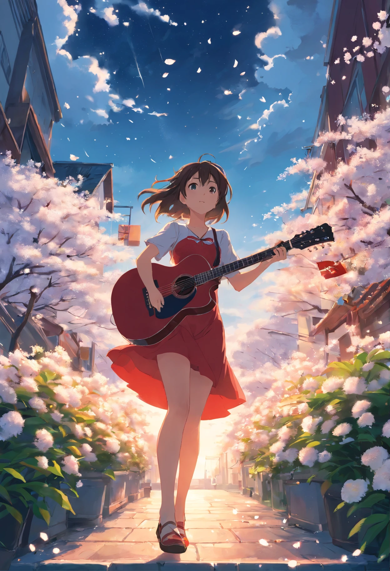20 years old girl, wears with a red dress, with a guitar, little white blossoms are falling all over the sky,