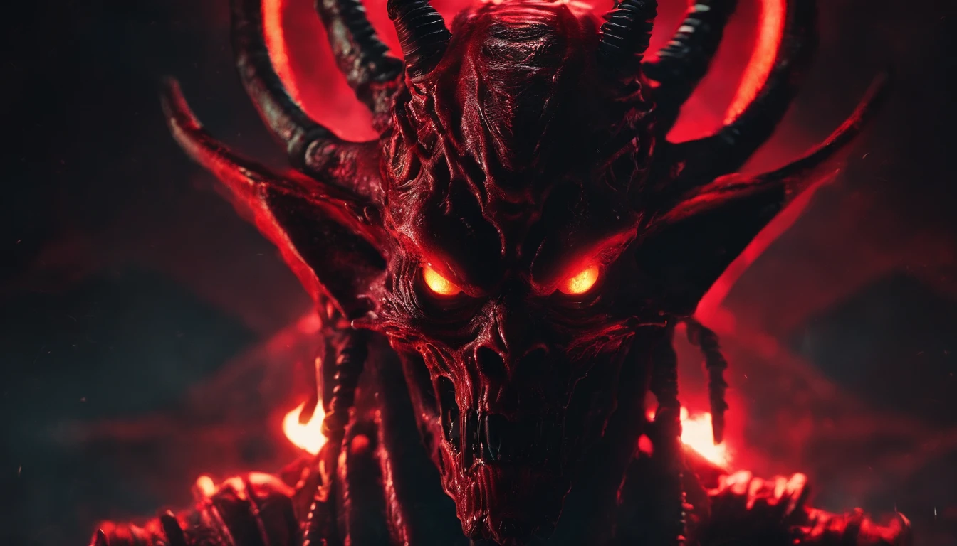 Close up of a demon with horns and glowing eyes, Satan, spectral, creepy, ultra detailed, dark ambient, red color, masterpiece.