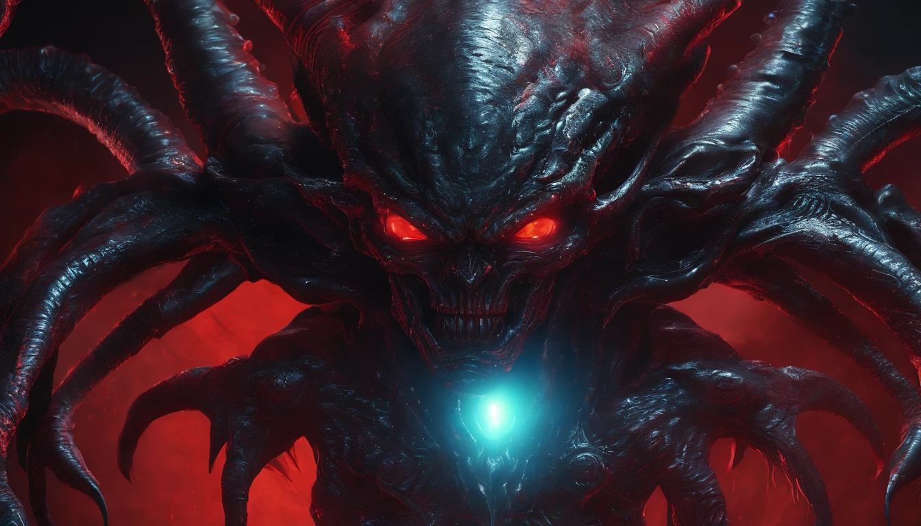 Close up of a demon with horns and glowing eyes, Satan, spectral, creepy, ultra detailed, dark ambient, red color, masterpiece.