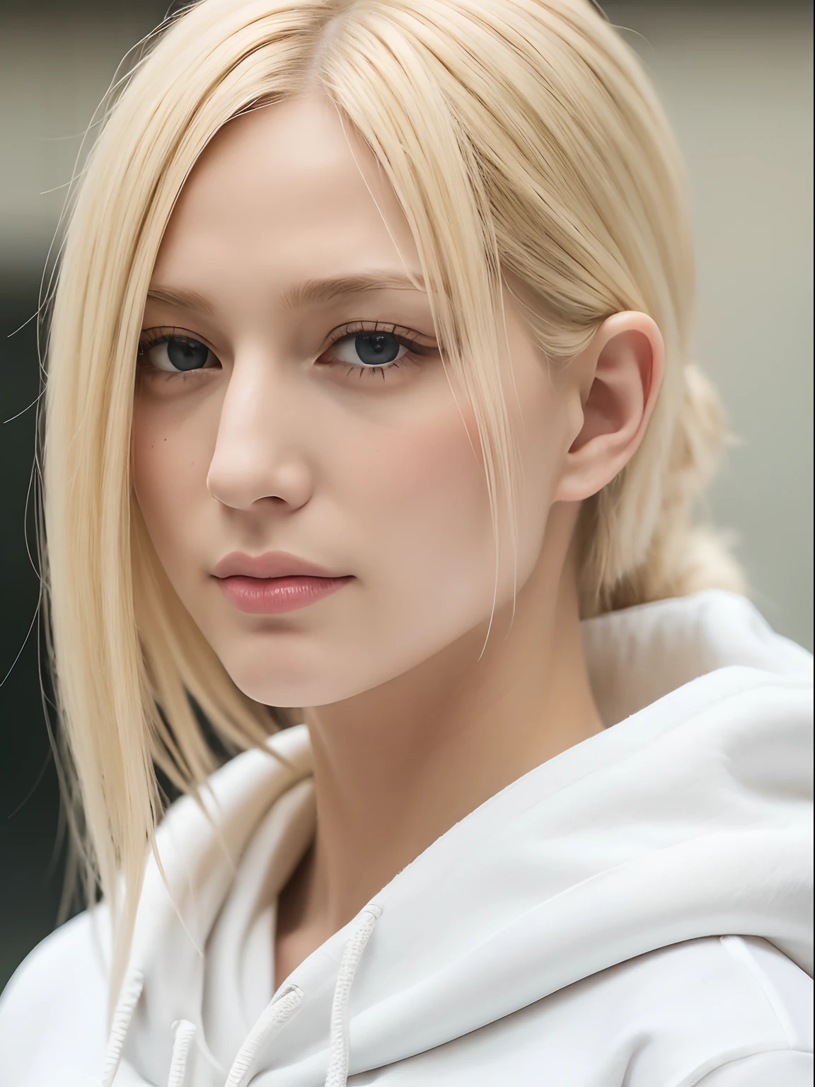 (Best Quality, masutepiece:1.2), 1 girl, Solo, blonde hair,Eyes with beautiful details,(cream hoodie),The upper part of the body,Bangs,ear, scouting Legion,